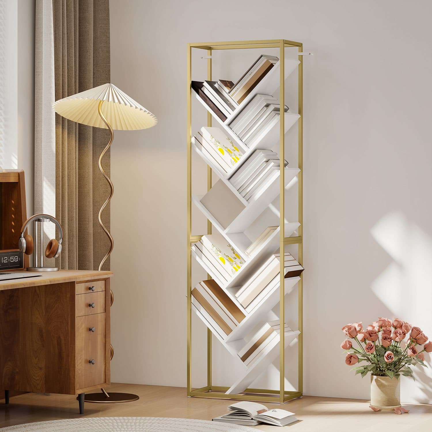 Space-Saving 10-Tier Tree Bookshelf in White and Gold - image 5