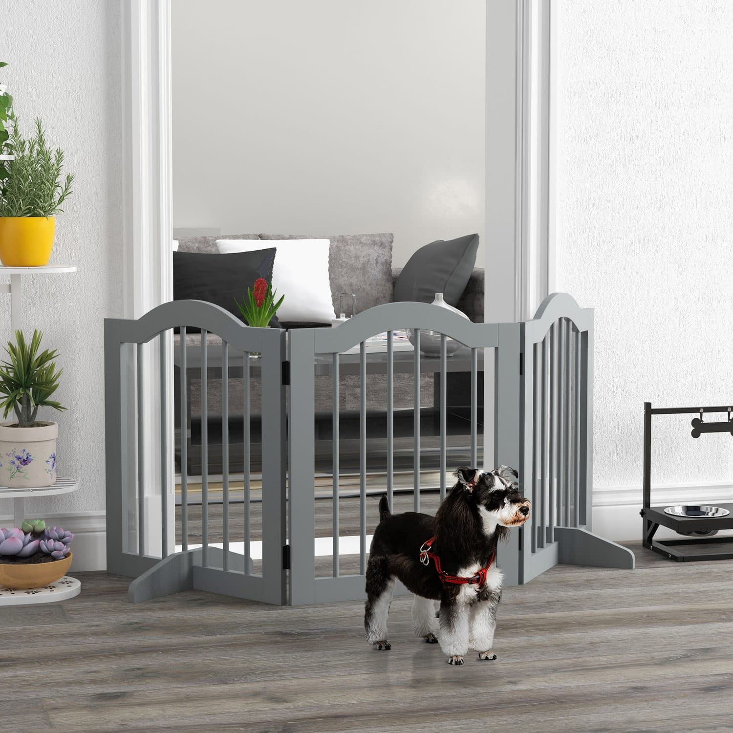 PawHut Freestanding 3-Panel Wooden Dog Gate in Light Grey - image 4