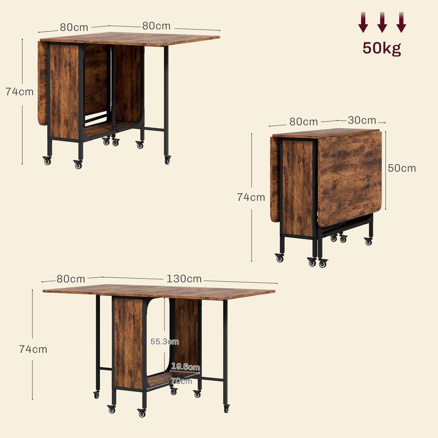 Folding Drop Leaf Dining Table on Wheels - Rustic Brown - image 5
