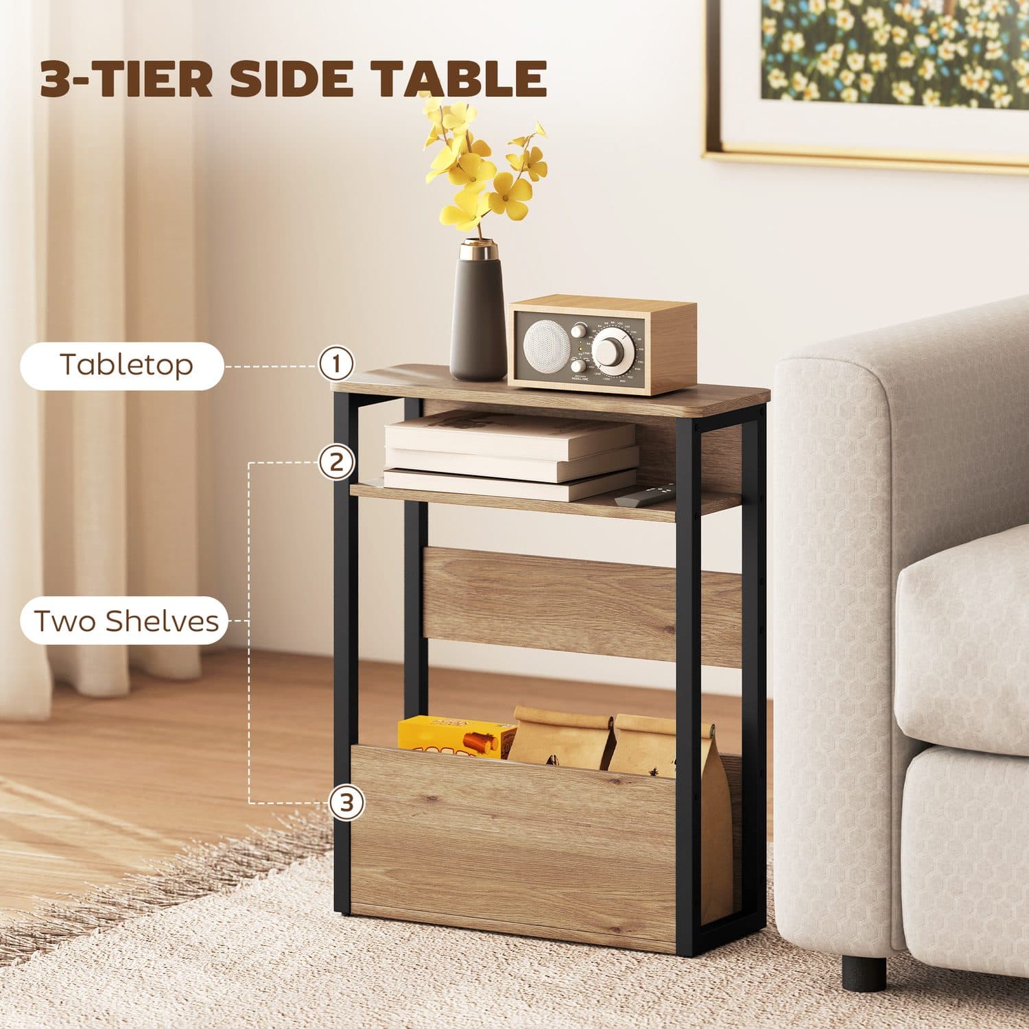 Industrial Side Table with Three Open Shelves, Black & Oak - image 2