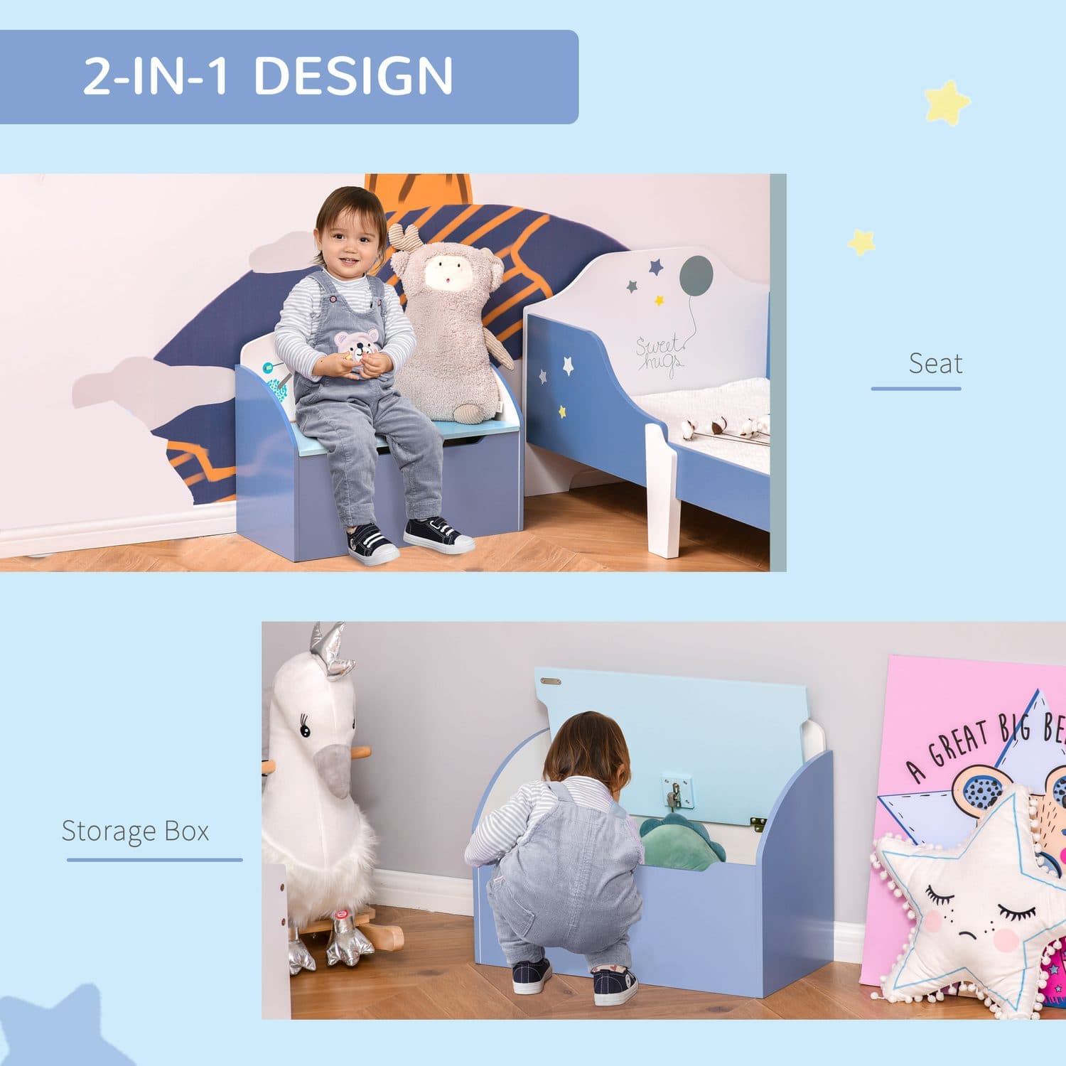 Blue Wooden Toy Box Bench - image 3