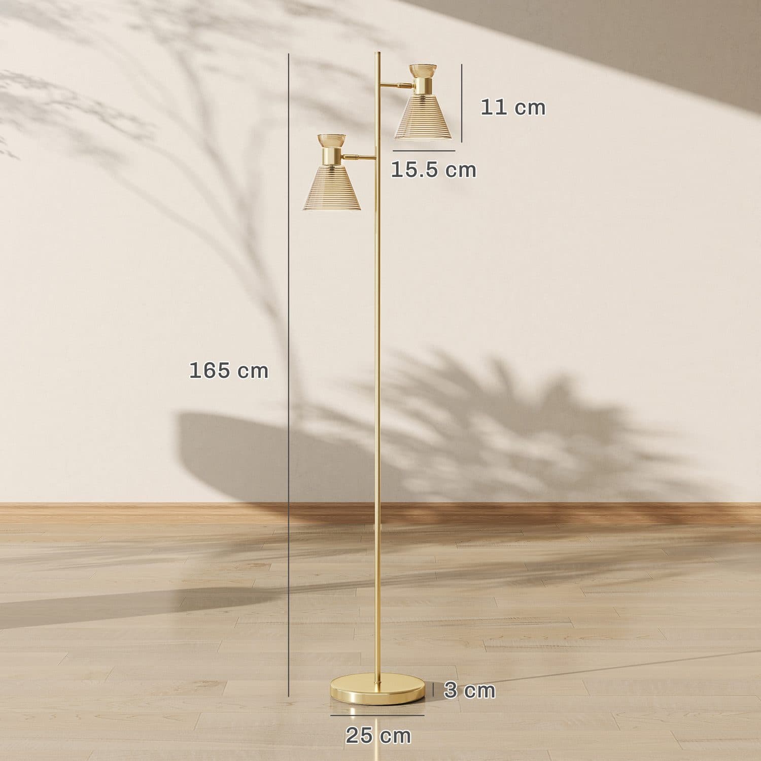 Gold dual head floor lamp with warm glass shades - image 3