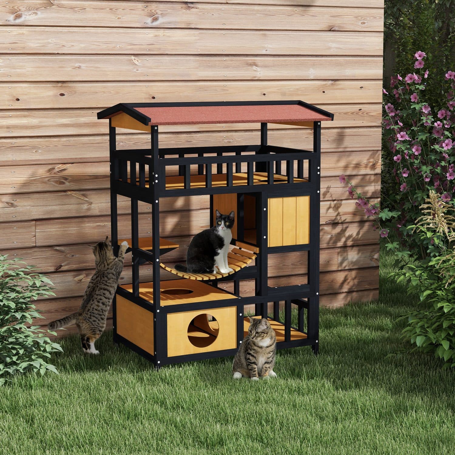 PawHut Four-Tier Wooden Outdoor Cat House - image 3