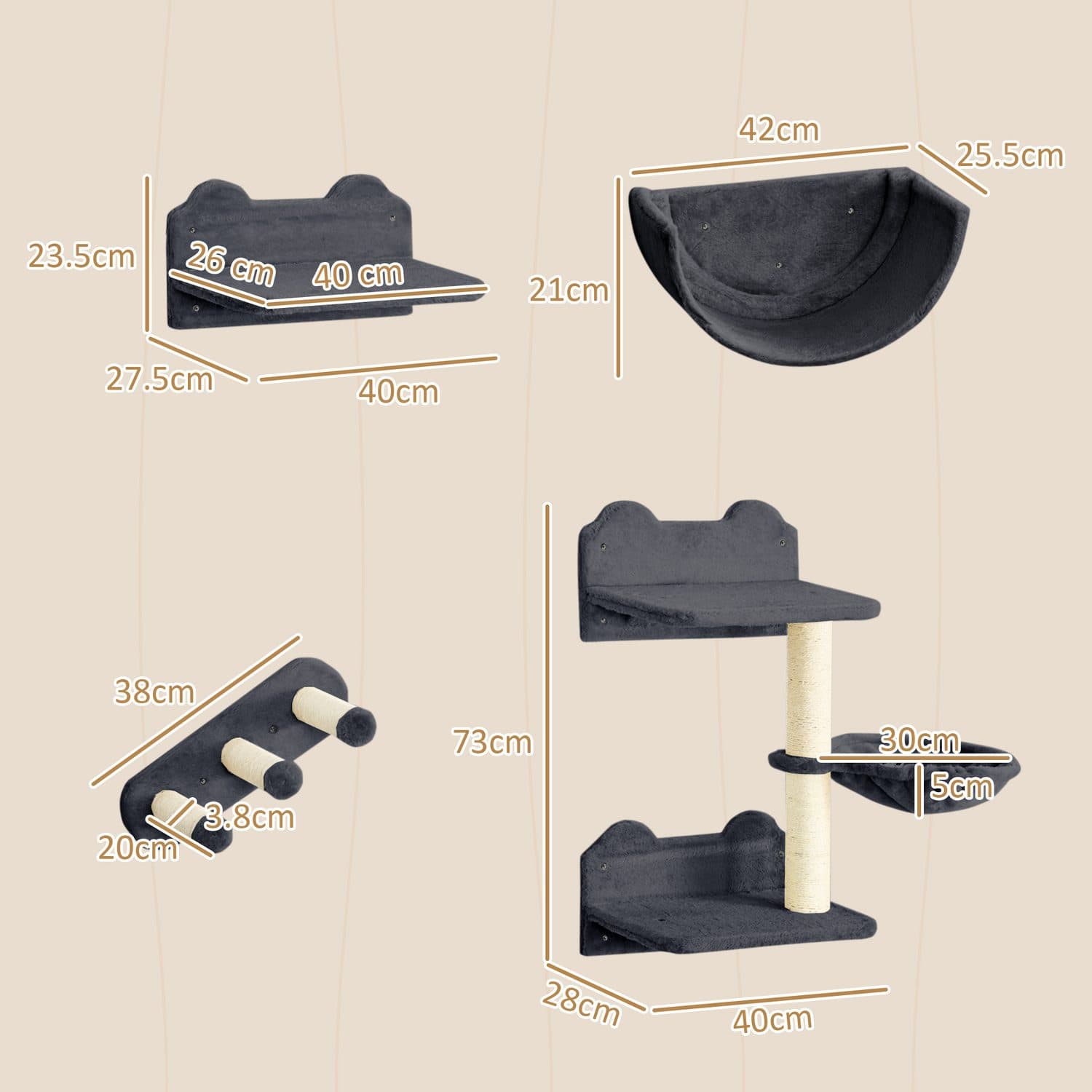 PawHut 4-Piece Wall-Mounted Cat Shelves, Dark Grey - image 4