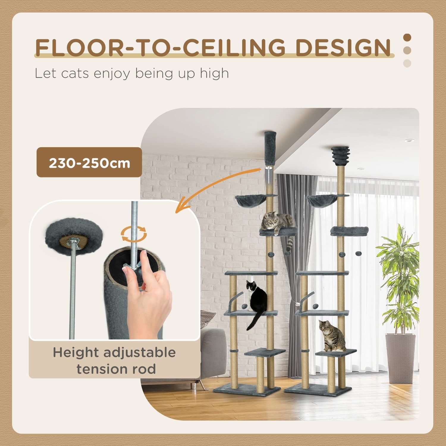 Tall Floor-to-Ceiling Cat Tree With Sisal Posts, Hammock and Toys - image 1