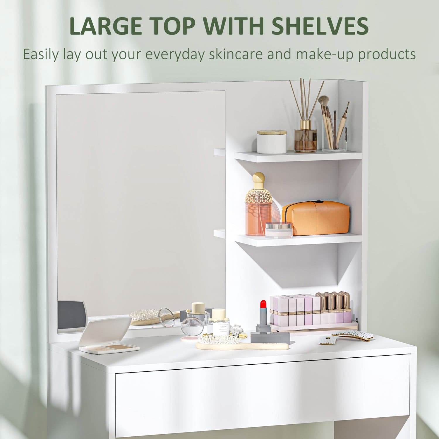 Dressing Table With Mirror, Drawer and Shelves – White - image 3