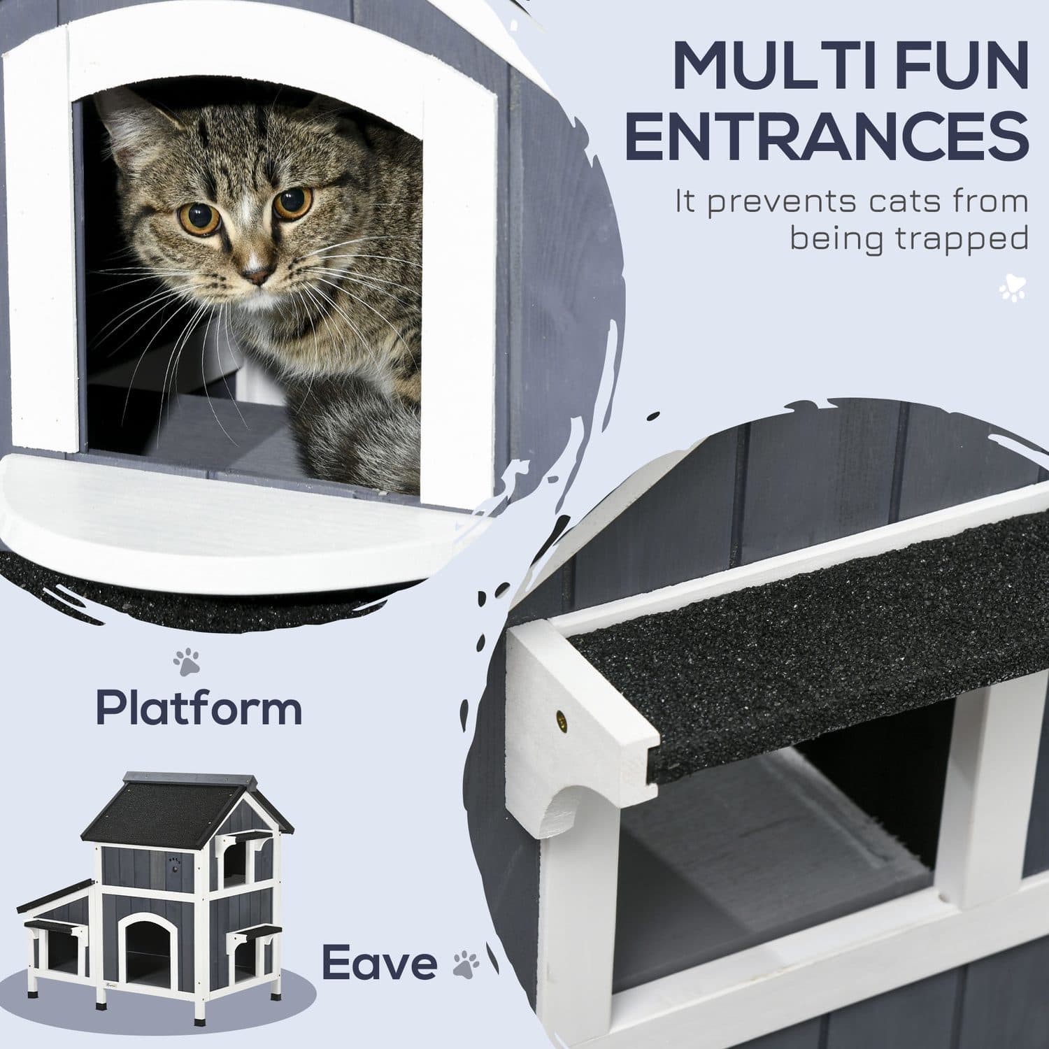 PawHut Wooden Cat House with Flower Pot and Windows, Grey - image 3