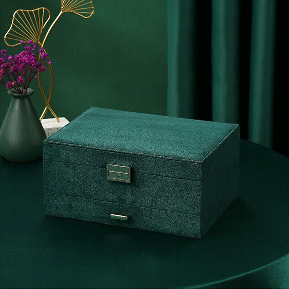 Large Green Velvet Jewellery Box With Necklace Hooks - image 1