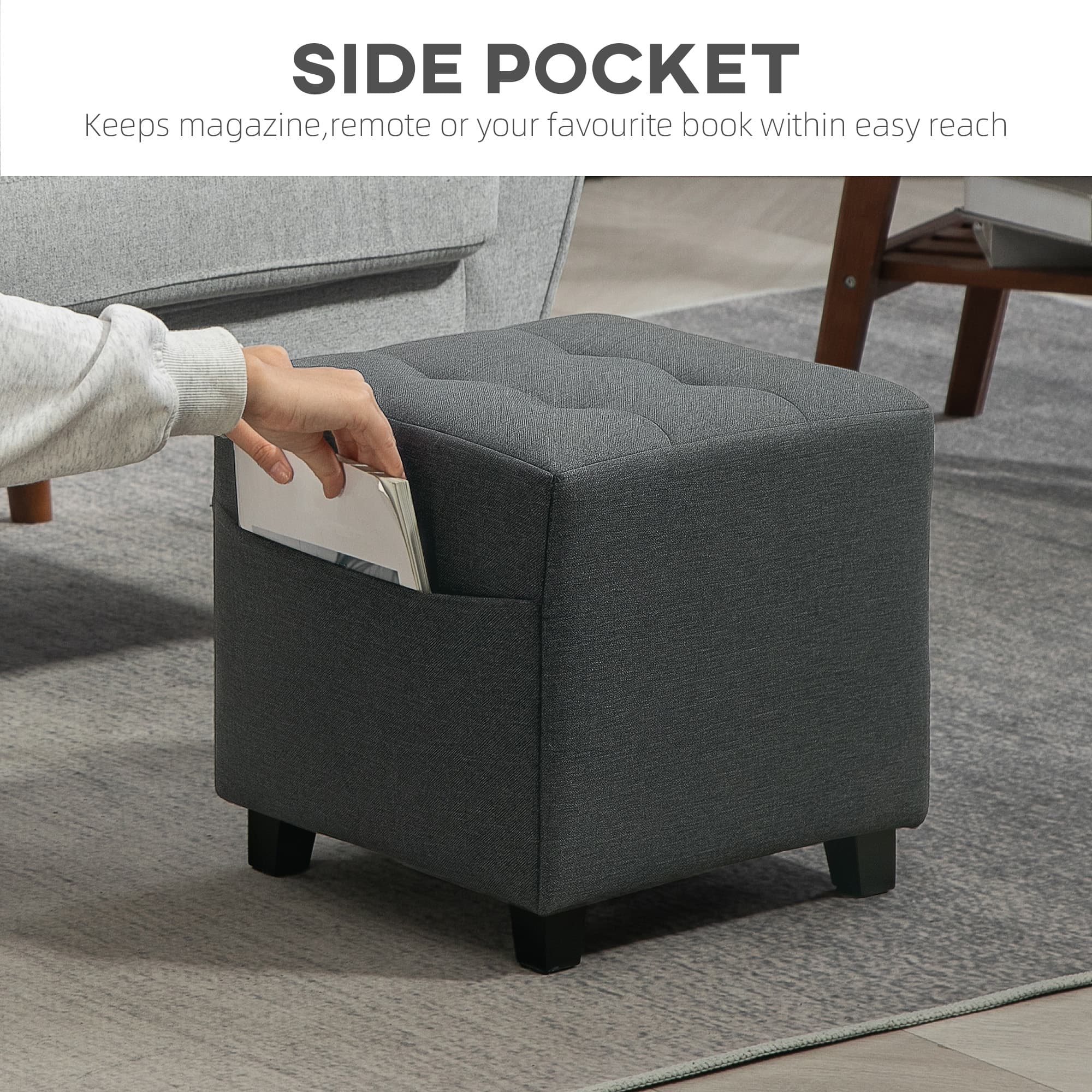 Compact Grey Tufted Ottoman with Wooden Legs - image 3