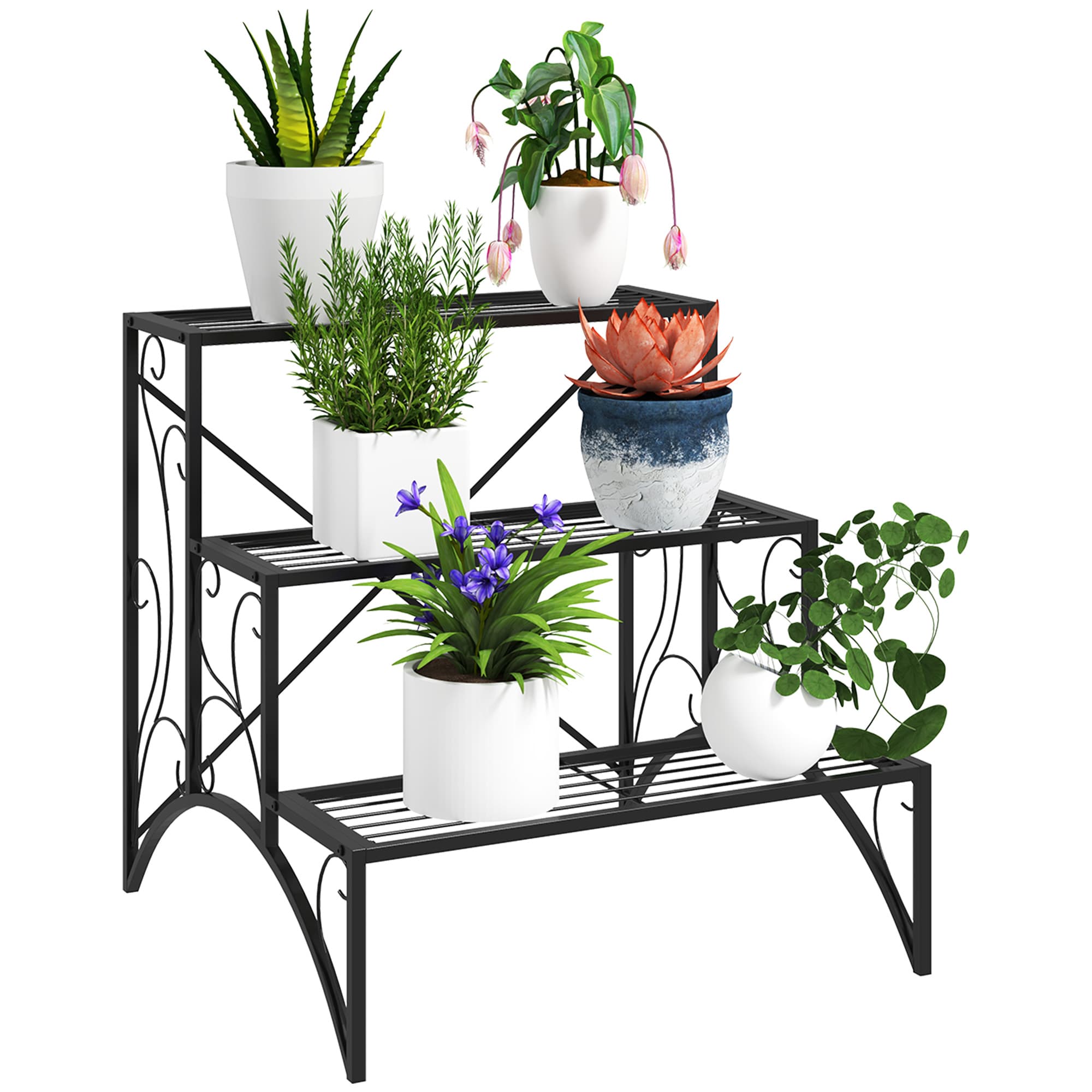 Three-Tier Black Metal Plant Stand for Pots - Black