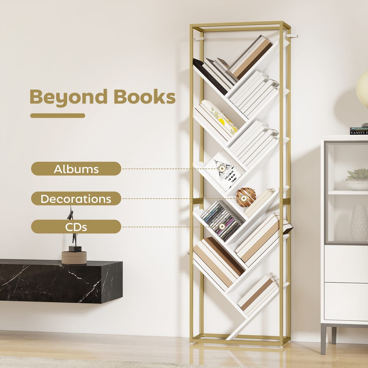 Space-Saving 10-Tier Tree Bookshelf in White and Gold - image 1