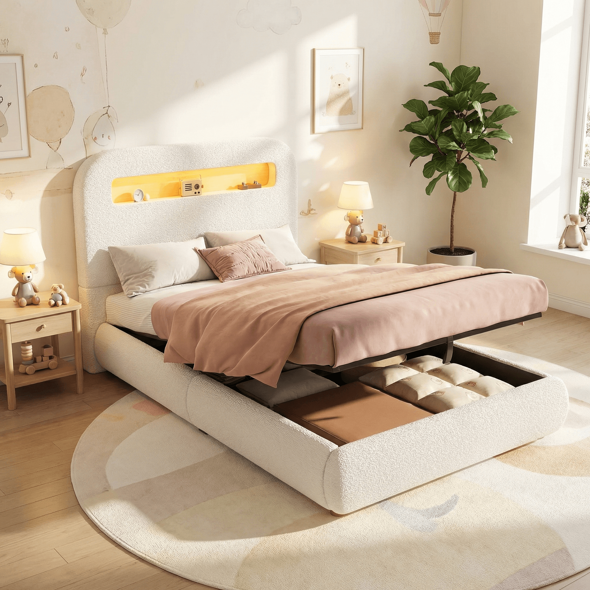 White Bouclé Ottoman Bed