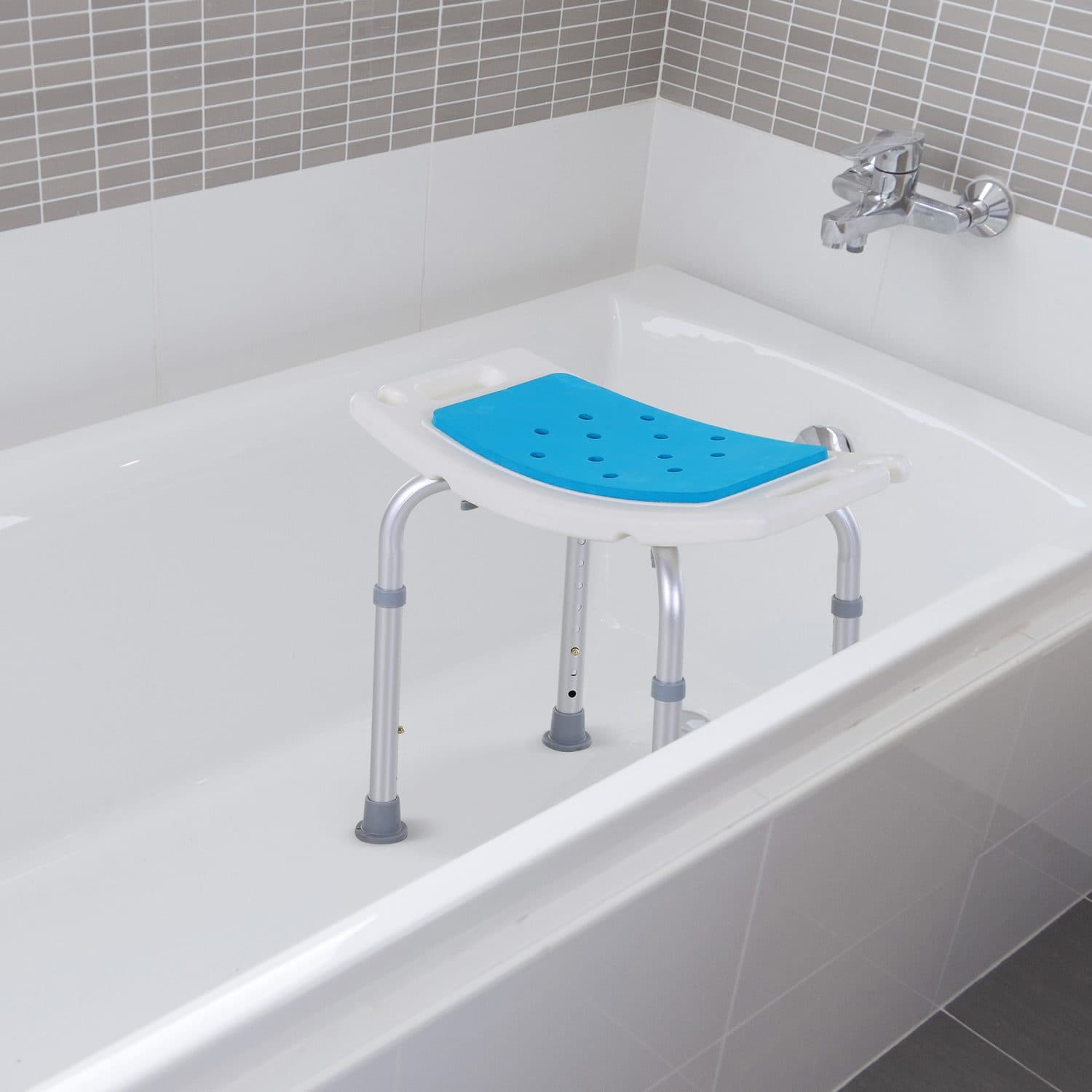Adjustable Height Shower Stool with Blue Cushioned Seat - image 4