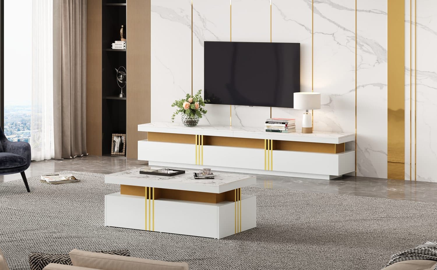 White & Gold TV Unit and Coffee Table Set with Storage Drawers - image 2