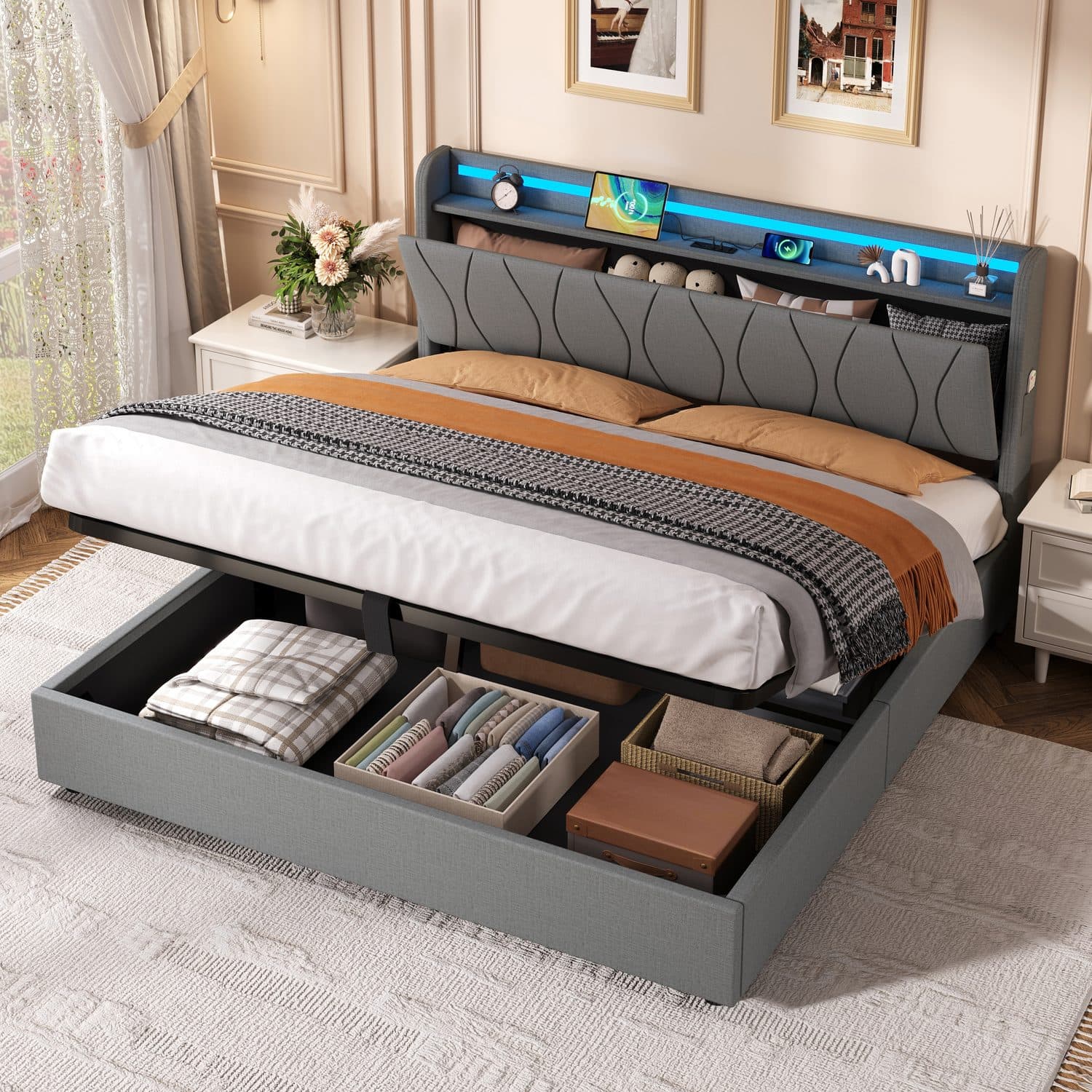Grey Linen LED Ottoman Bed - image 1