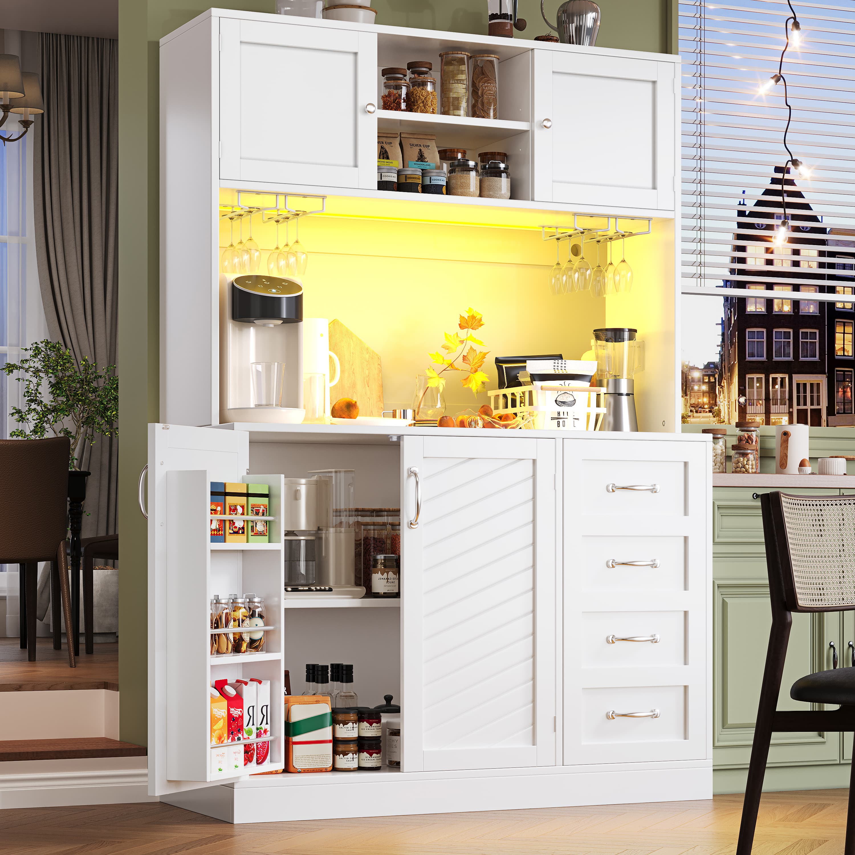 Modern White Sideboard with Ambient LED Lights and Storage
