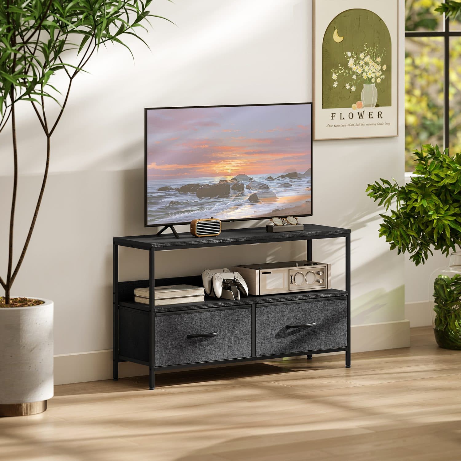 Modern Black TV Stand with Foldable Fabric Drawers - image 5