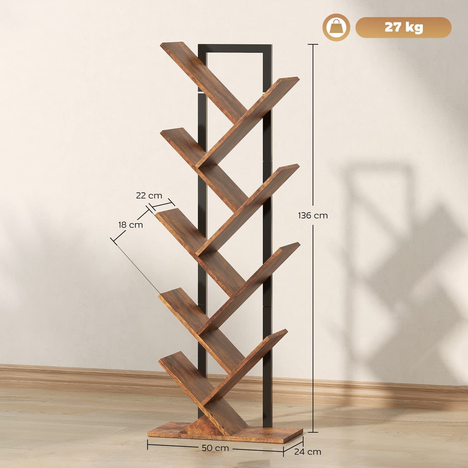 Tree-Style Bookcase — 8 Shelves, Rustic Wood-Effect - image 1