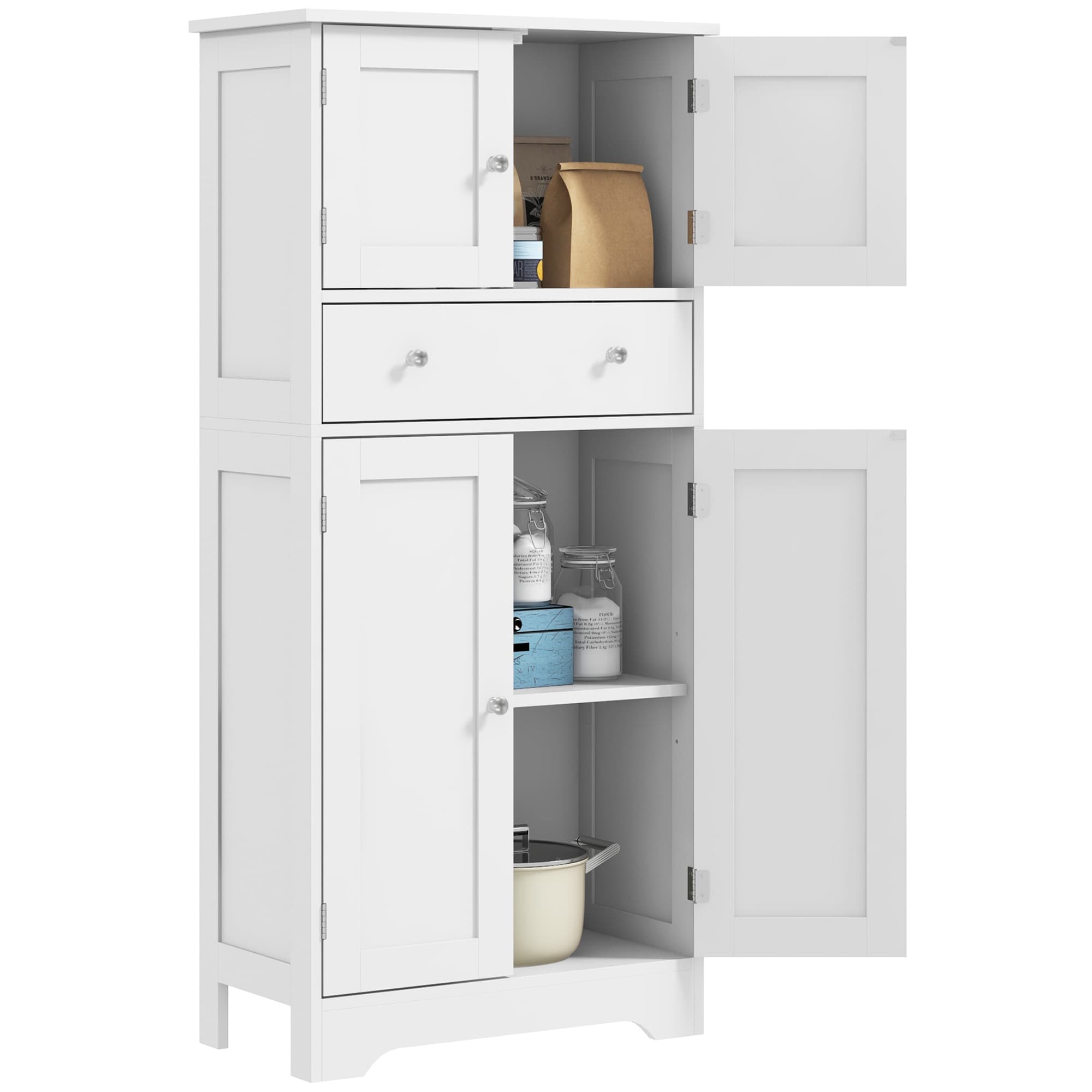 Freestanding White Larder Cupboard with Drawer and Storage