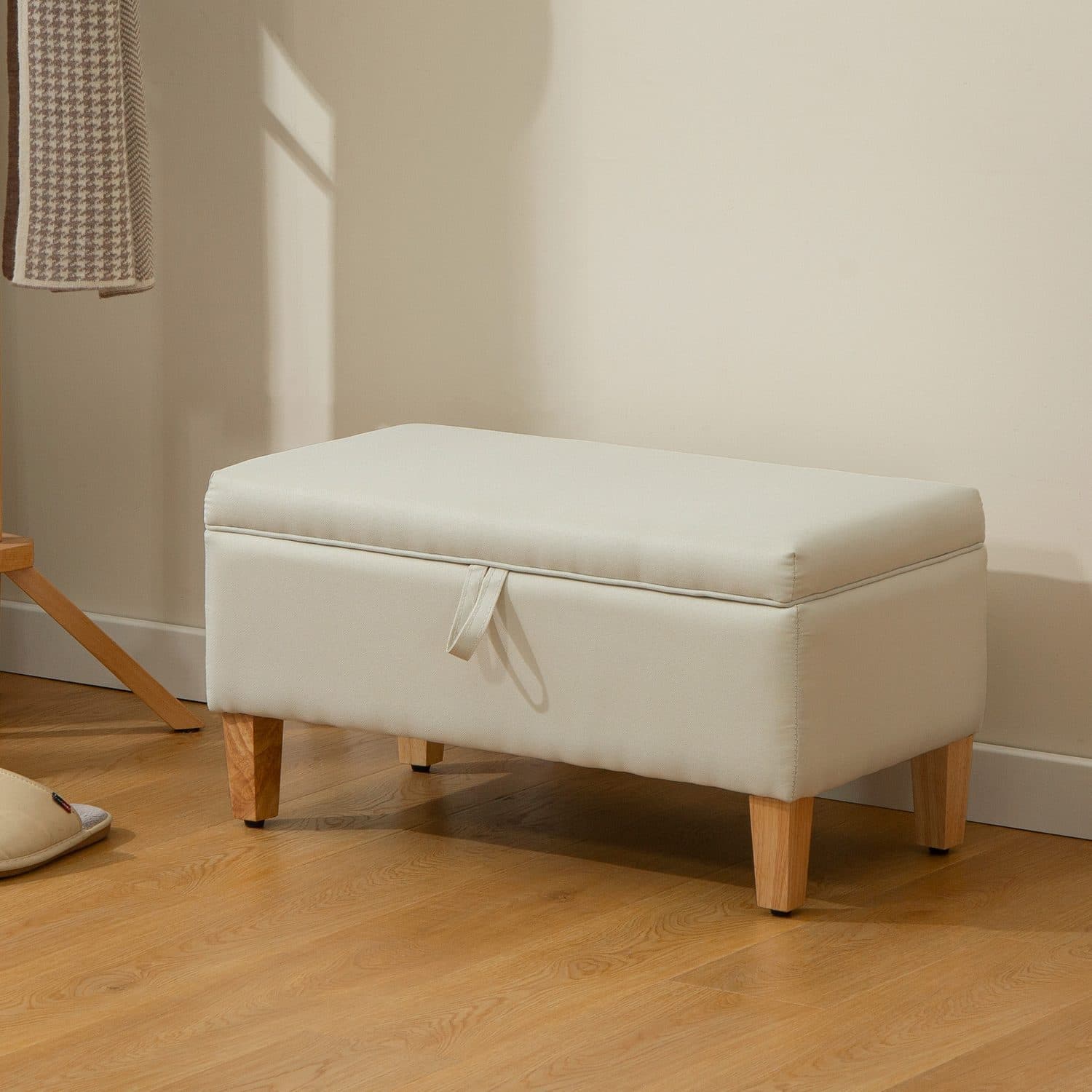 Padded Storage Ottoman Bench in Beige Linen with Wood Legs - image 3