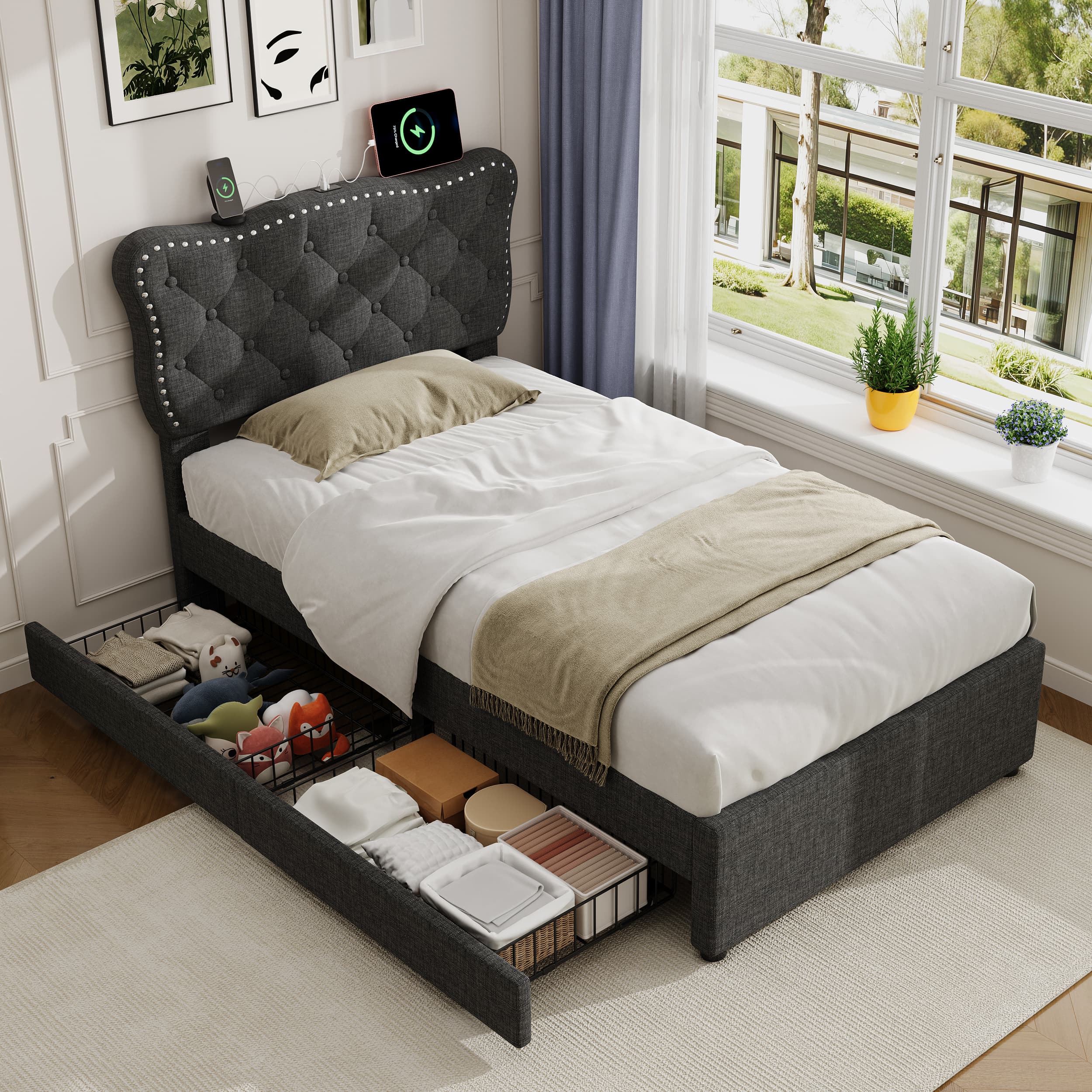 3ft Single Grey Linen Storage Bed with USB Charging