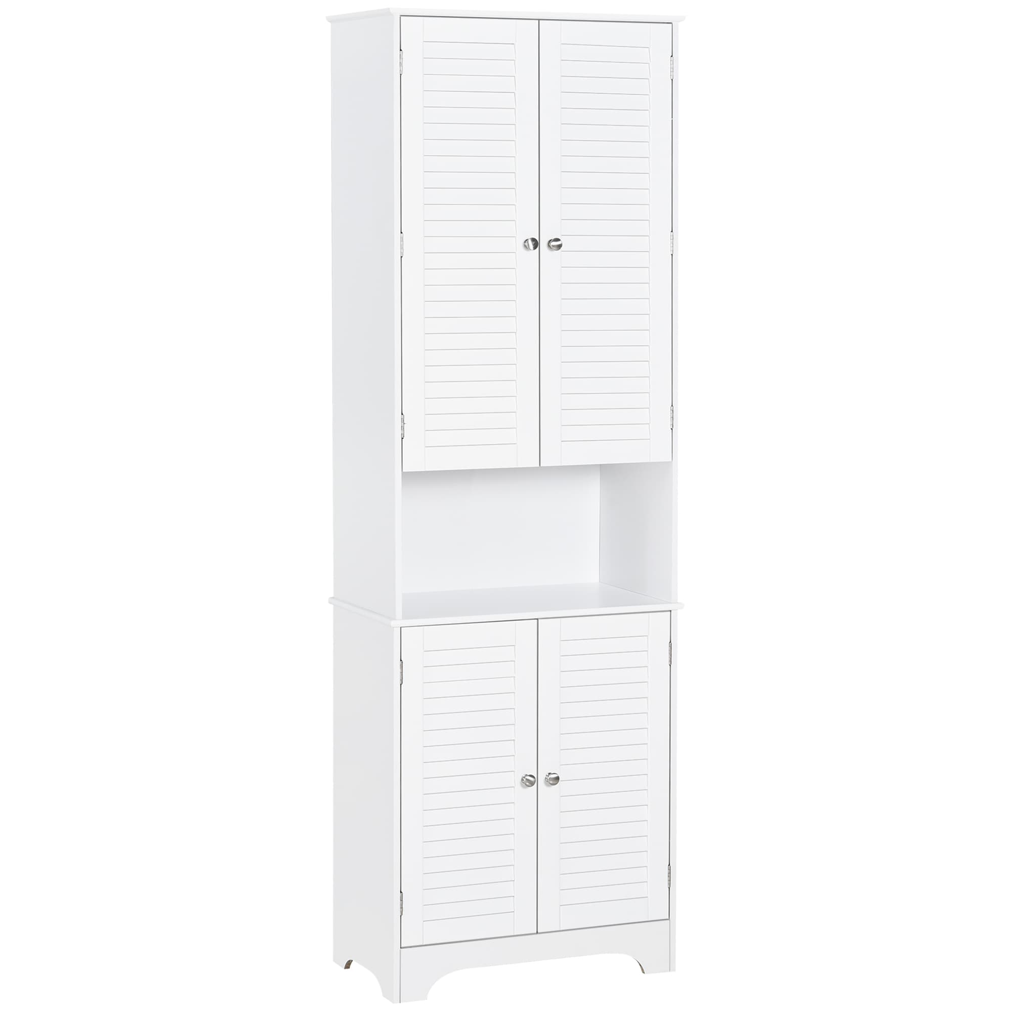 Tall slim freestanding bathroom cabinet with retro shutter doors in a UK cloakroom