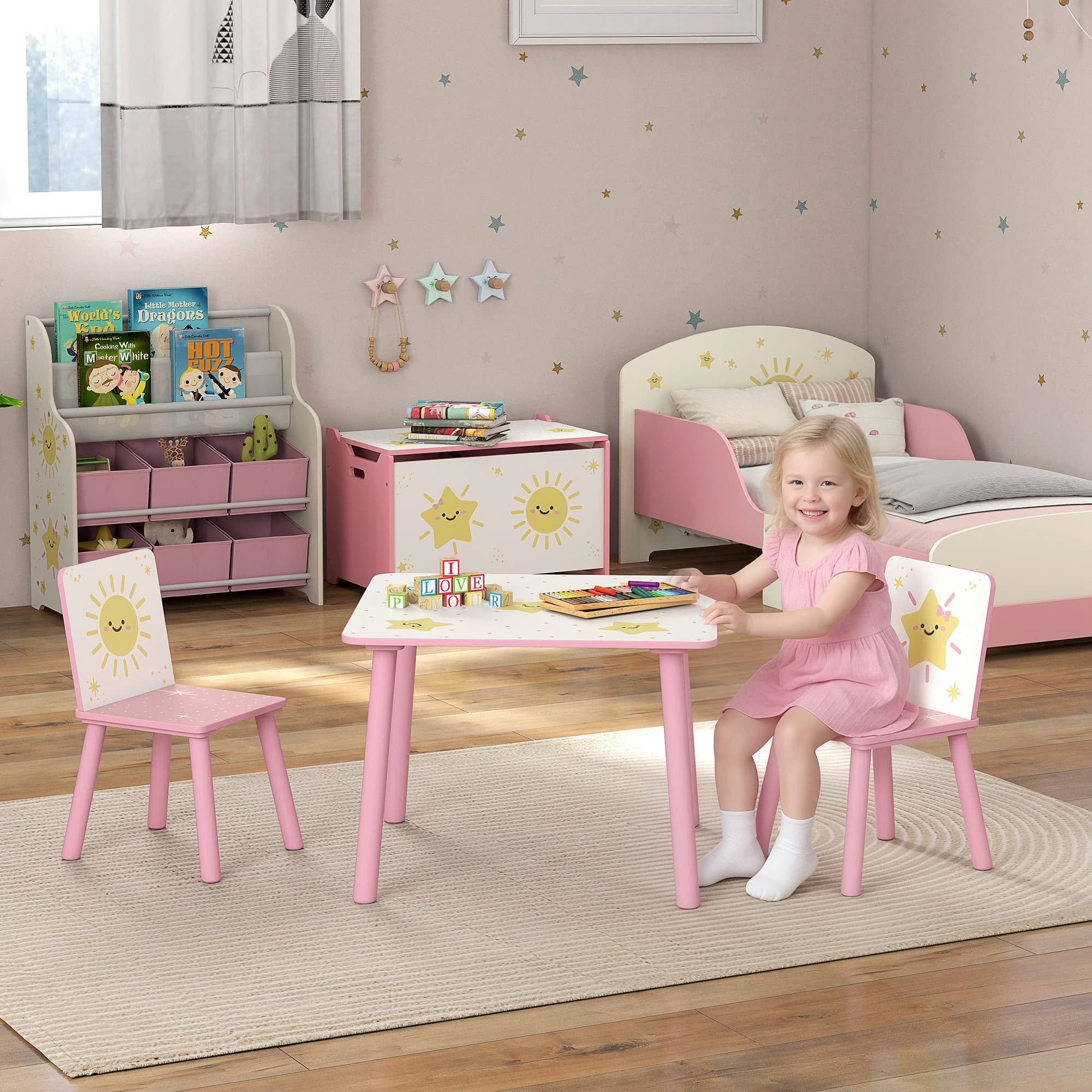 3-Piece Pink Children's Table and Chair Set with Star and Sun Motifs - image 4