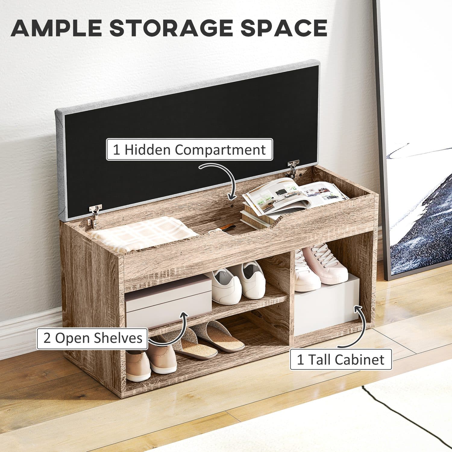 Grey Wood Shoe Storage Bench With Padded Seat - image 3