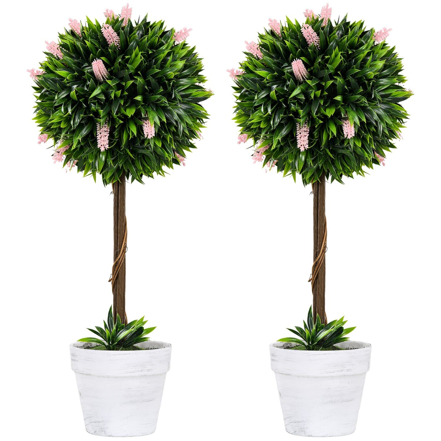 Set of 2 Pink Artificial Ball Tree Plants - Pink