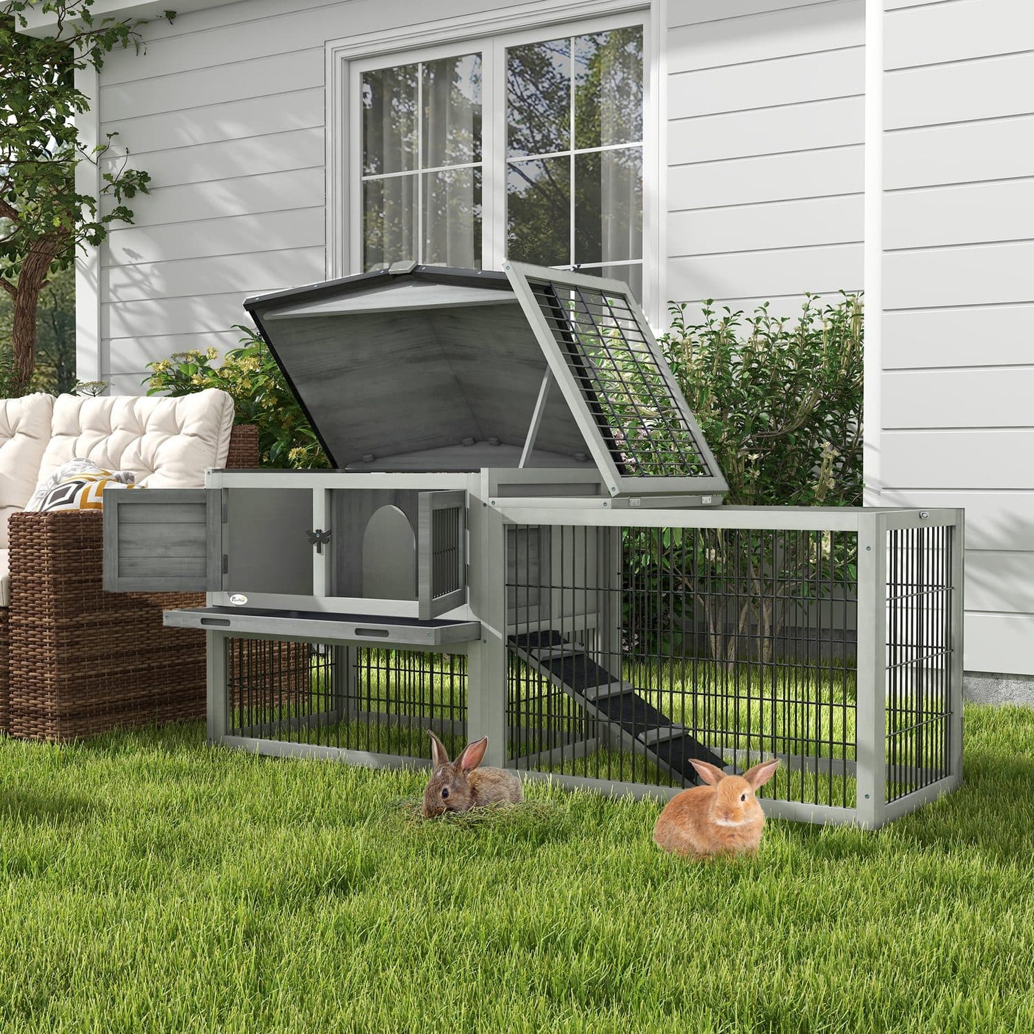 PawHut Wooden Rabbit Hutch with Outdoor Run - image 5