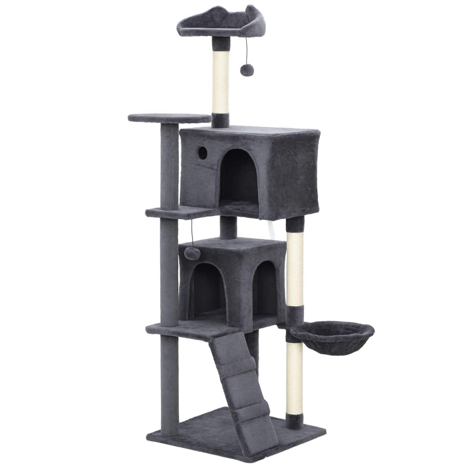 Cat tree with two condos, hammock and sisal posts, dark grey