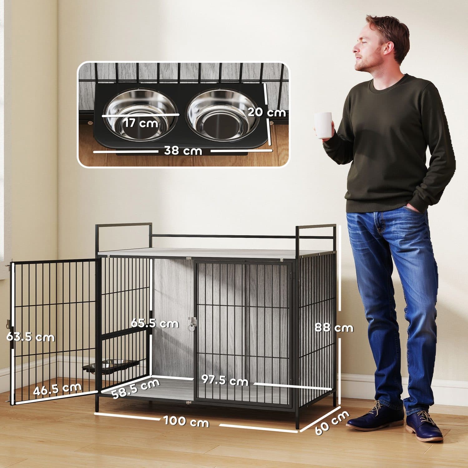 Large Dog Crate That Doubles as a Side Table with Built-In Bowl Stand - image 5