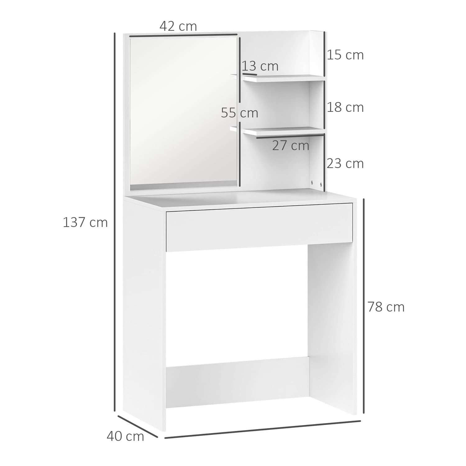 Dressing Table With Mirror, Drawer and Shelves – White - image 1