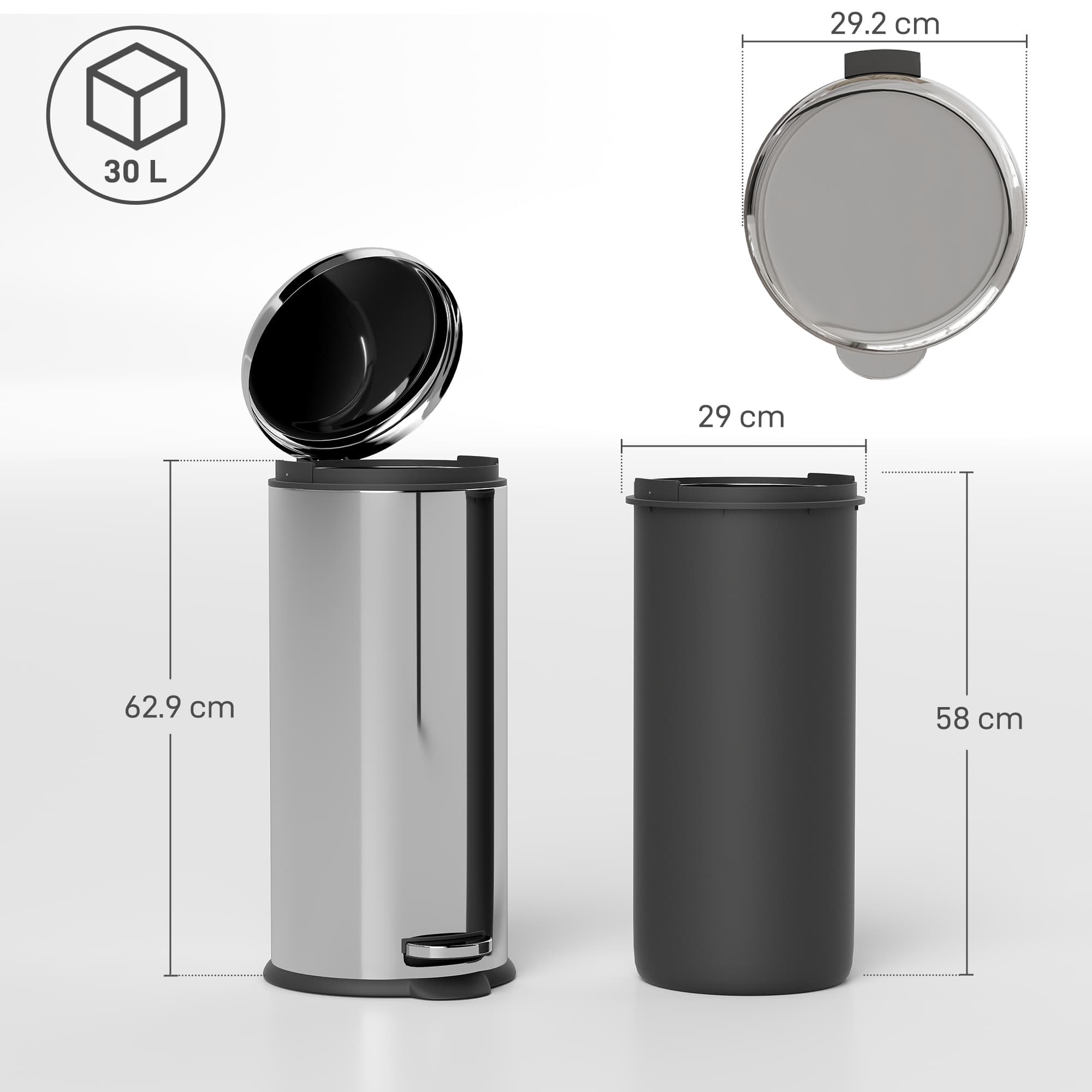 30L Stainless Steel Pedal Bin with Soft-Close Lid and Removable Bucket - image 1