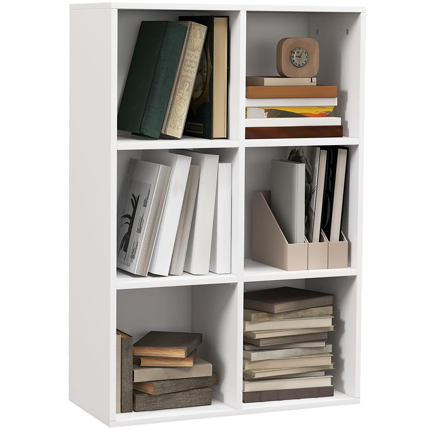White Six-Cube Bookcase with Open Storage Compartments - White