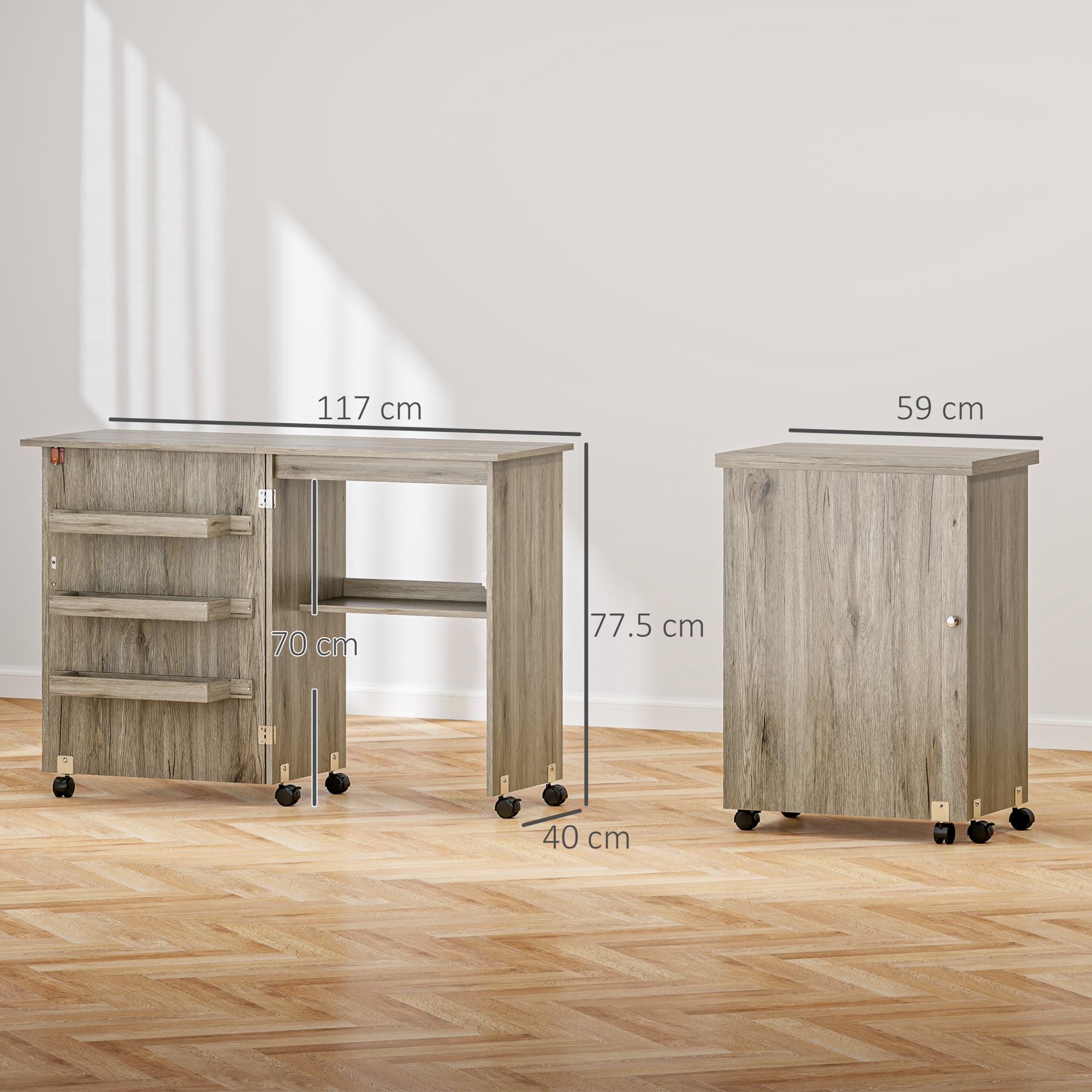 Folding Sewing Table with Storage Trays and Castors — Grey - image 1