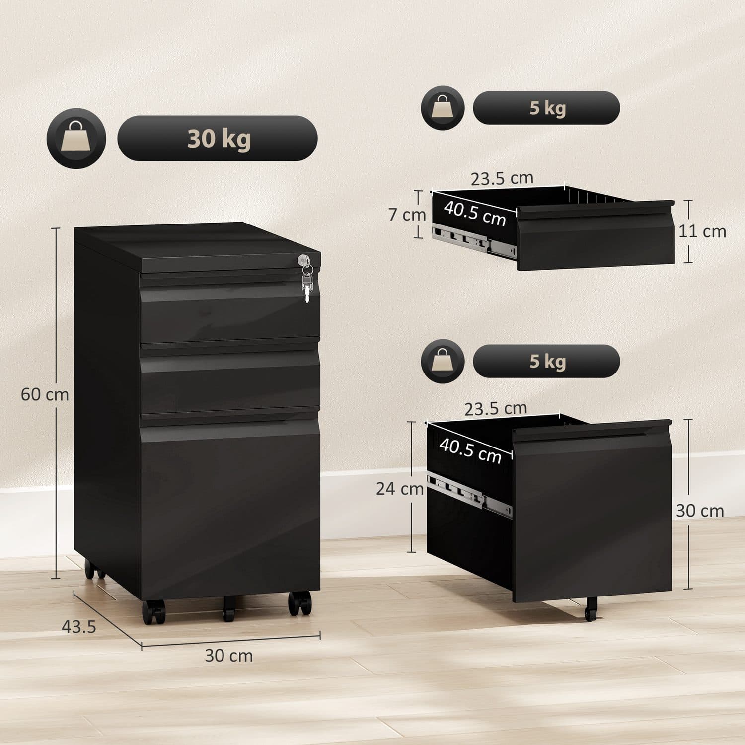 Lockable 3-Drawer Steel Filing Cabinet on Castors – Black - image 4