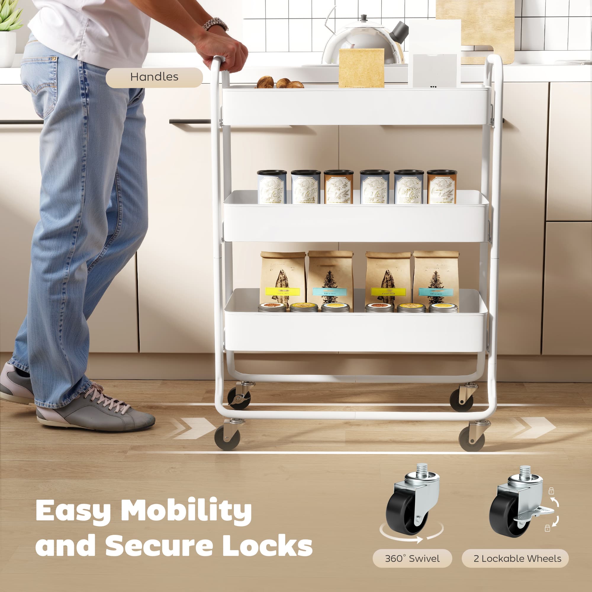 White 3-Tier Rolling Storage Trolley — Kitchen, Bathroom or Bedroom - image 5