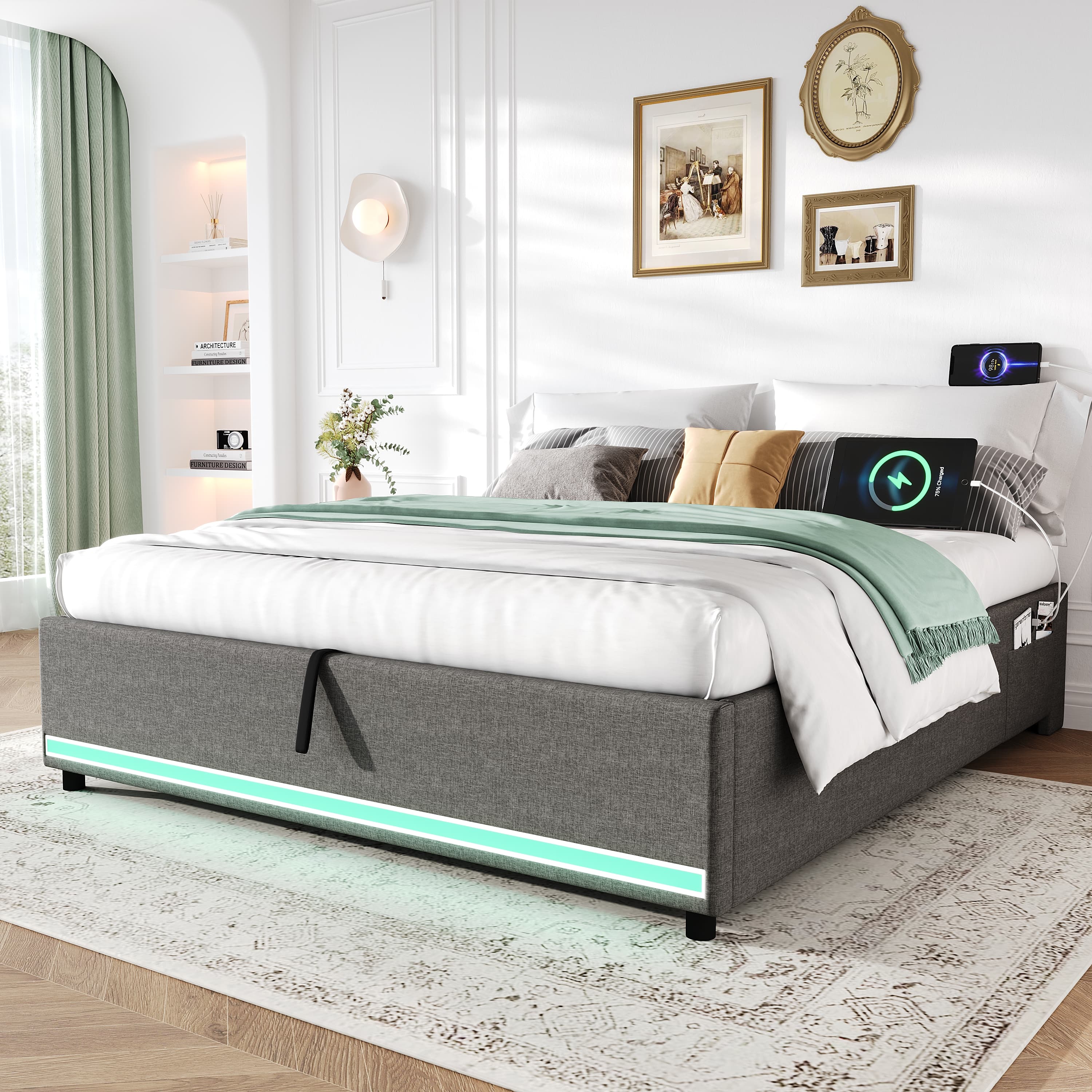 Modern Double Bed Frame with Hydraulic Storage, LEDs & USB - image 4