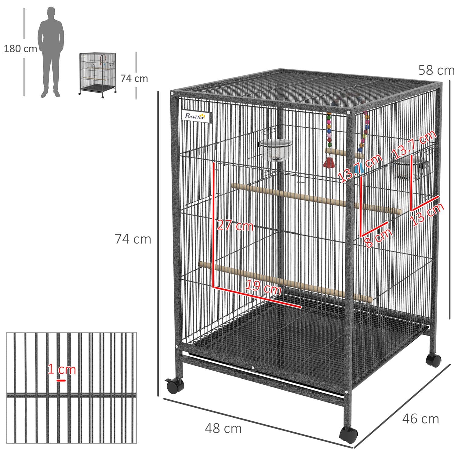 PawHut Spacious Bird Cage with Rolling Stand and Perches - image 3