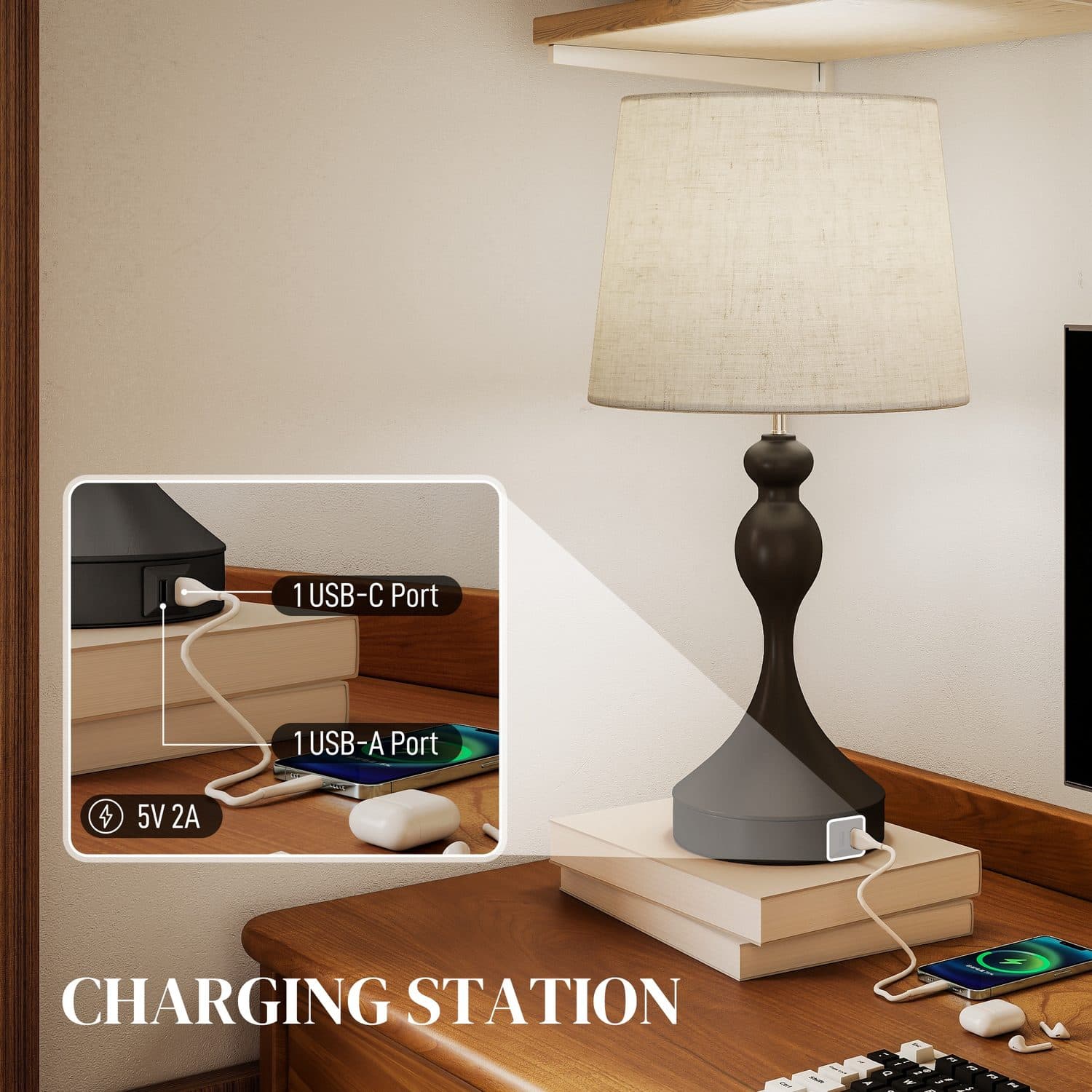 Matching black bedside lamps with USB charging - image 2
