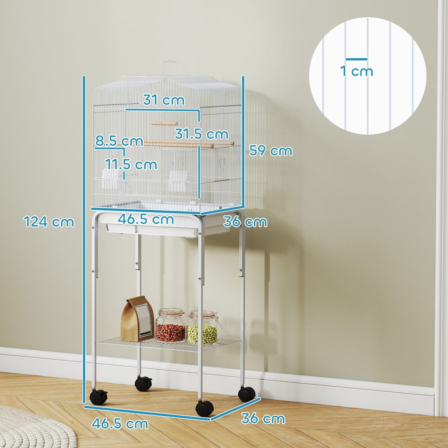 A Spacious Bird Cage on Wheels with Wooden Perches - image 1