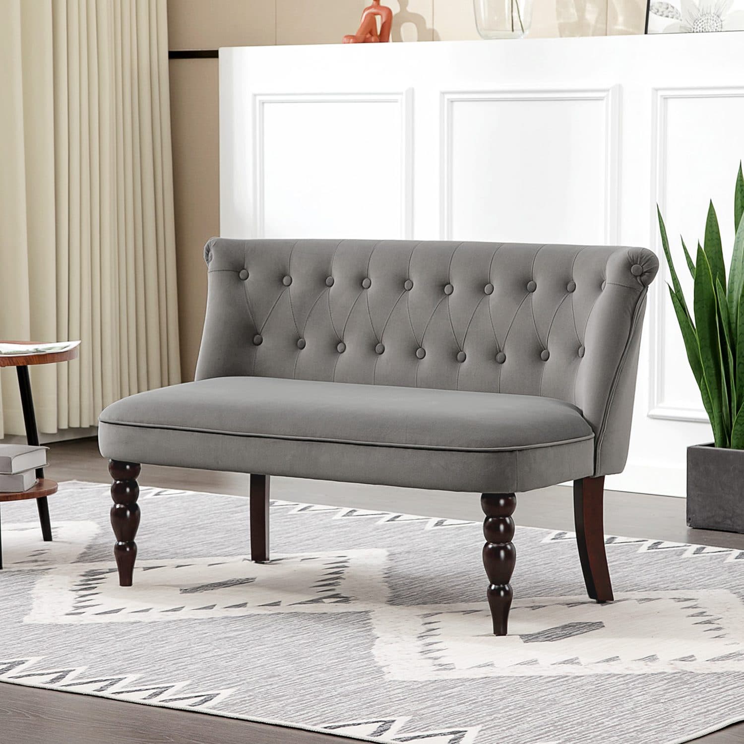Button-Tufted Velvet Loveseat in Charcoal Grey with Turned Wood Legs - image 5