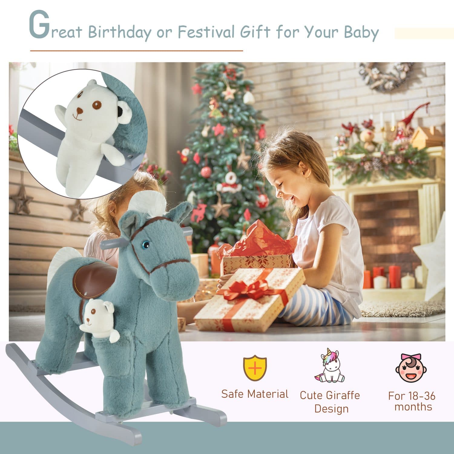 Teal Plush Rocking Horse with Teddy Bear, Ages 18–36 Months - image 3