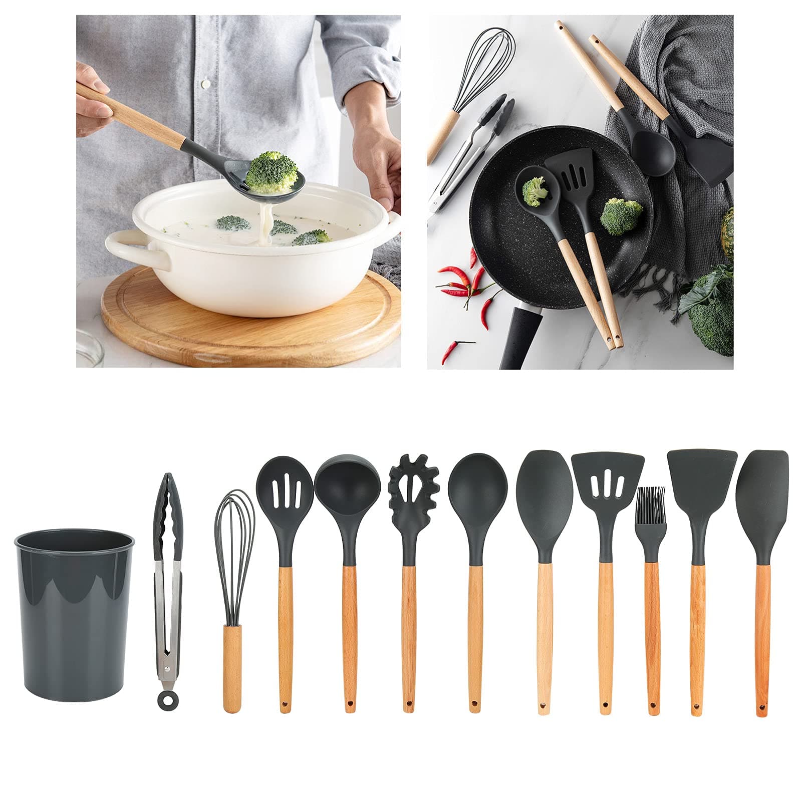 Silicone Kitchen Utensil Set for Non-Stick Cooking - Silicone and beech