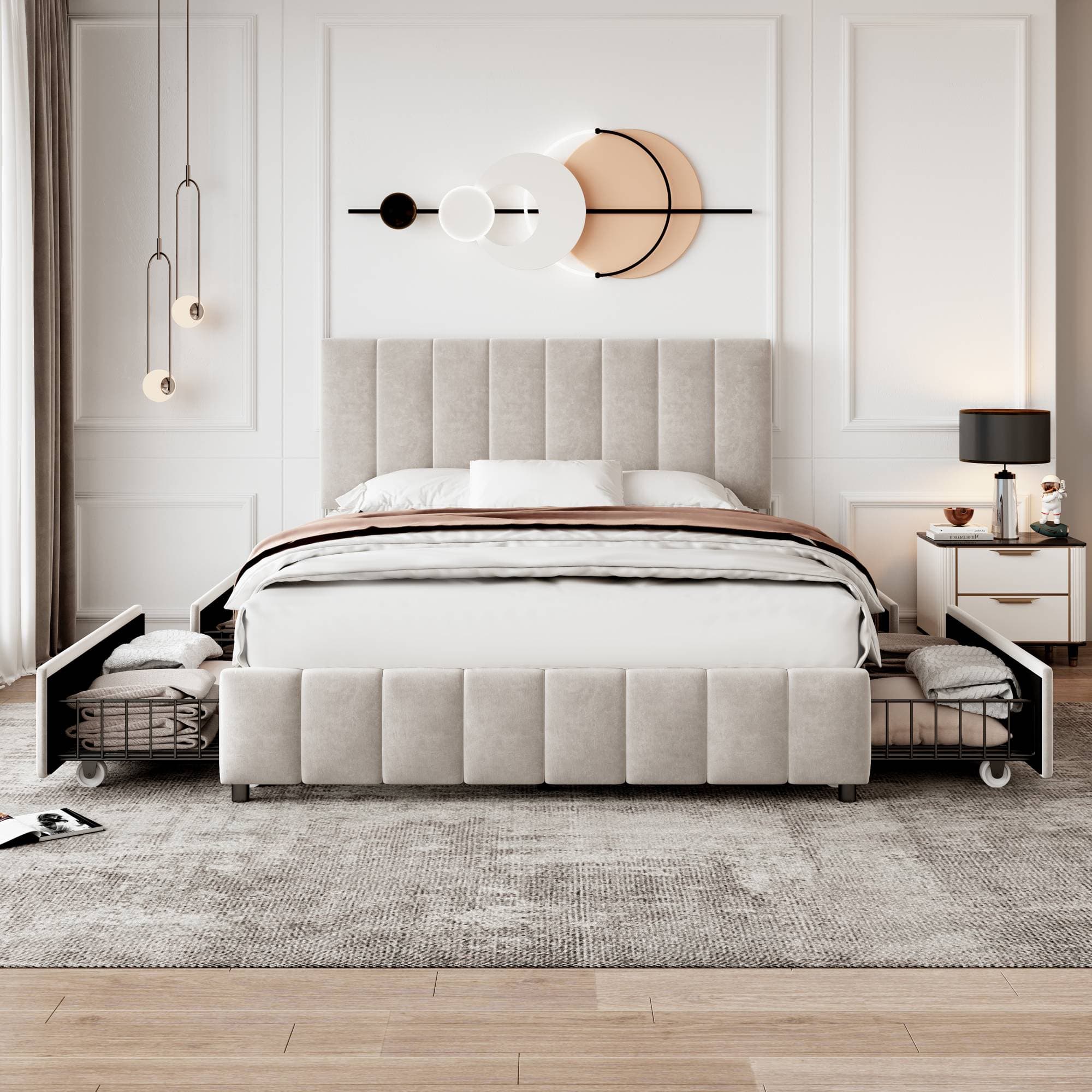 Beige Velvet Storage Bed