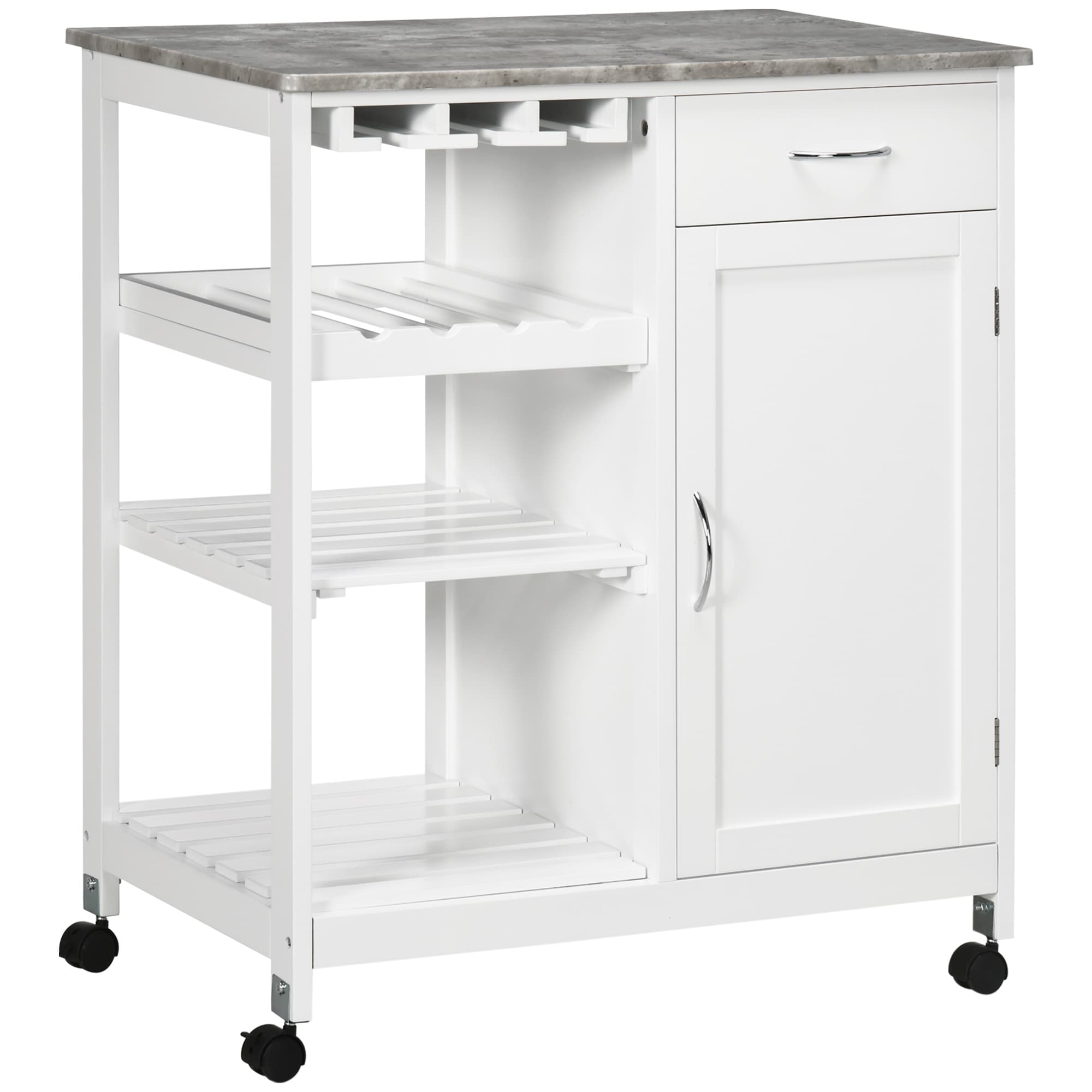 White Kitchen Trolley on Wheels with Wine Rack, Drawer and Cabinet