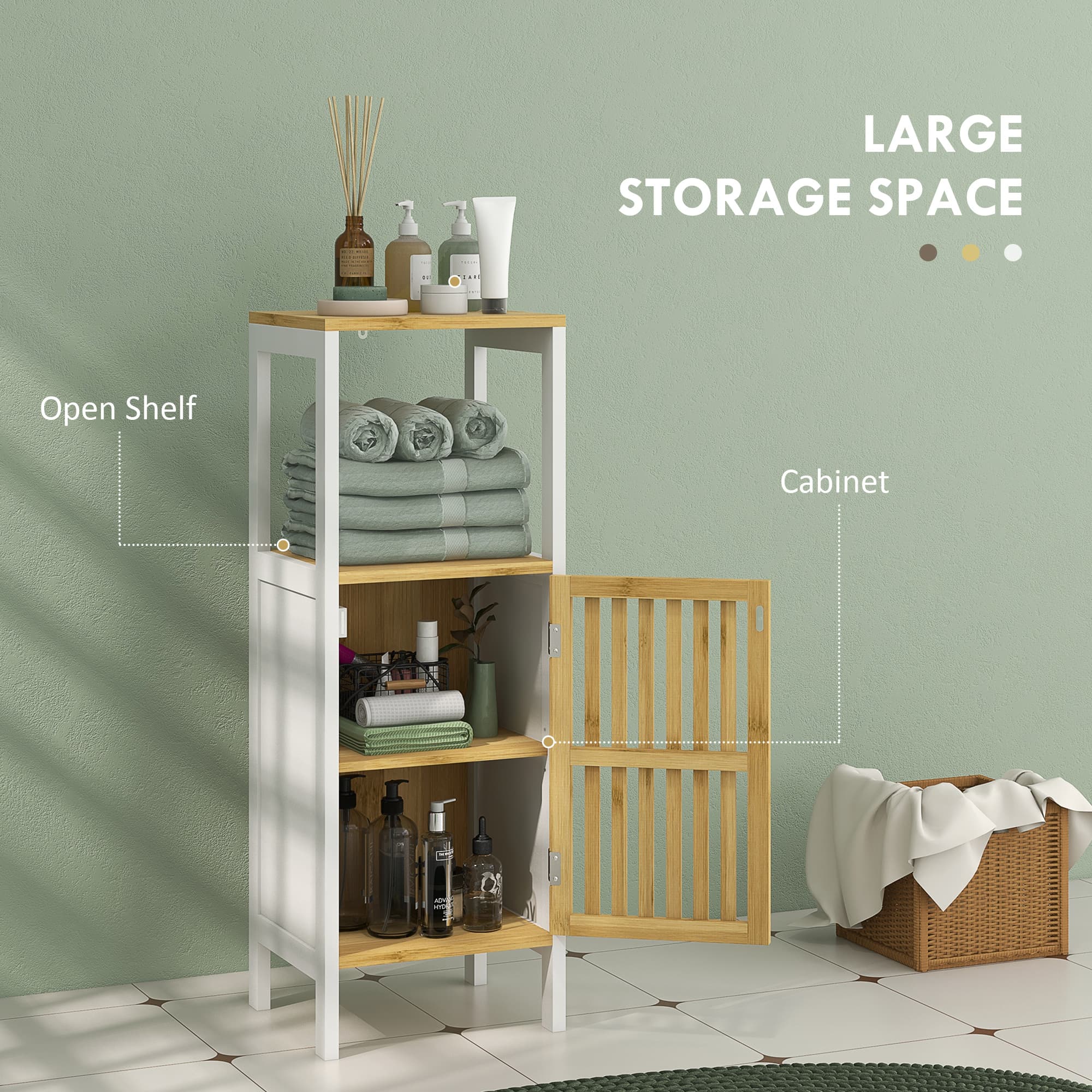 Slim Bamboo Bathroom Cabinet with Open Shelves and Cupboard - image 4