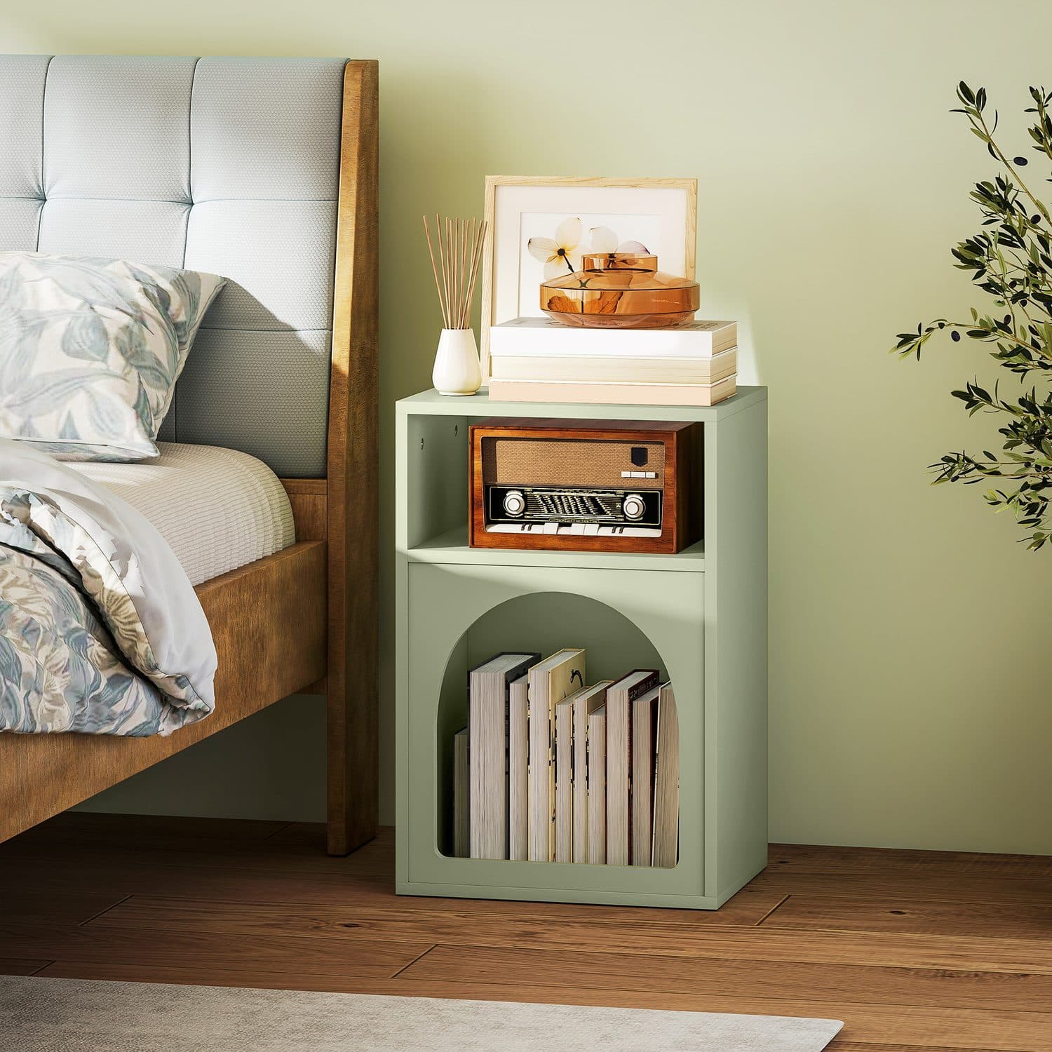 Sage Green Arch Bedside Table with Open Storage - image 1