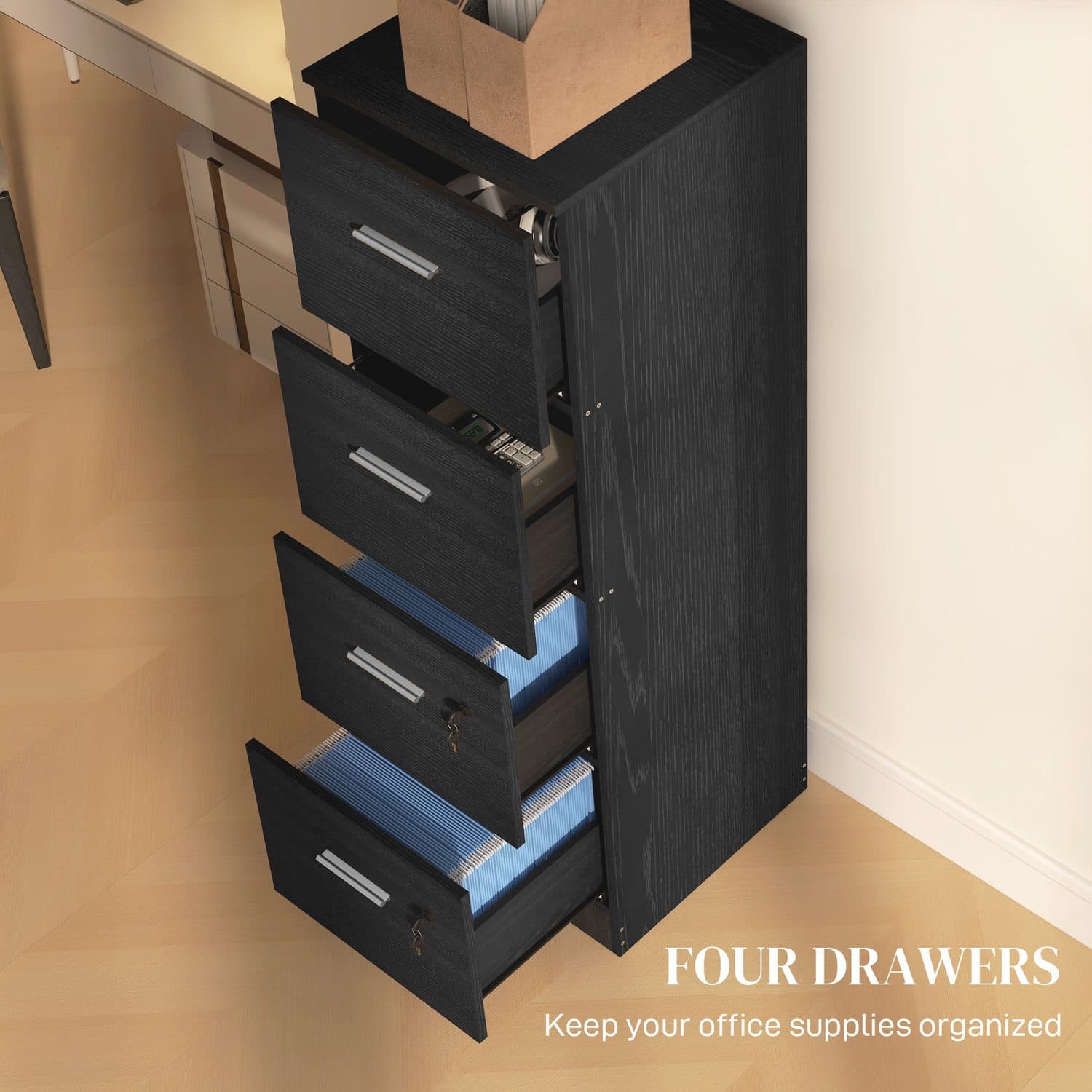 Four-Drawer Filing Cabinet with Locks — Black Wood Effect - image 3